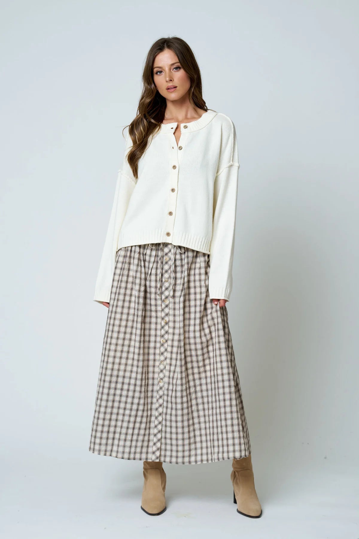 Plaid Mocked Waist Button Skirt