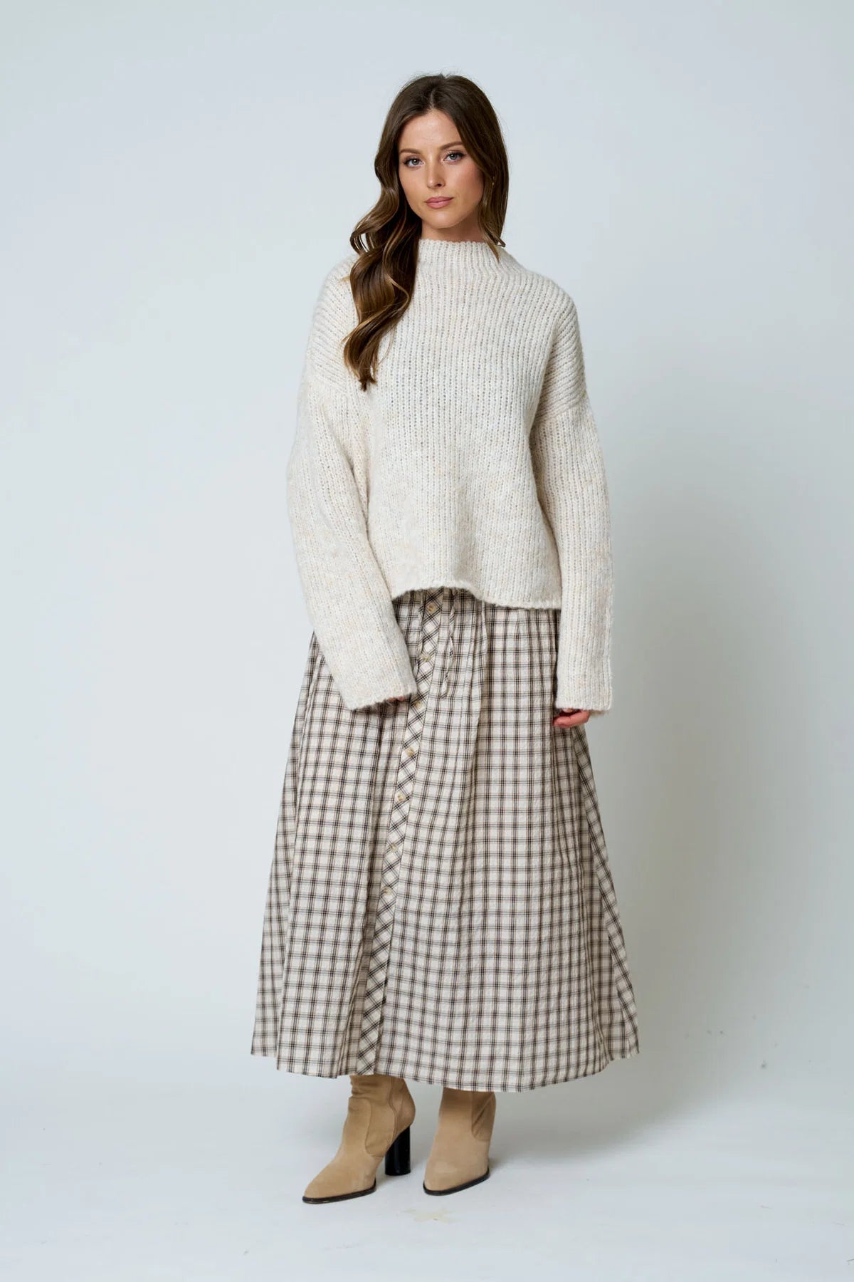 Plaid Mocked Waist Button Skirt