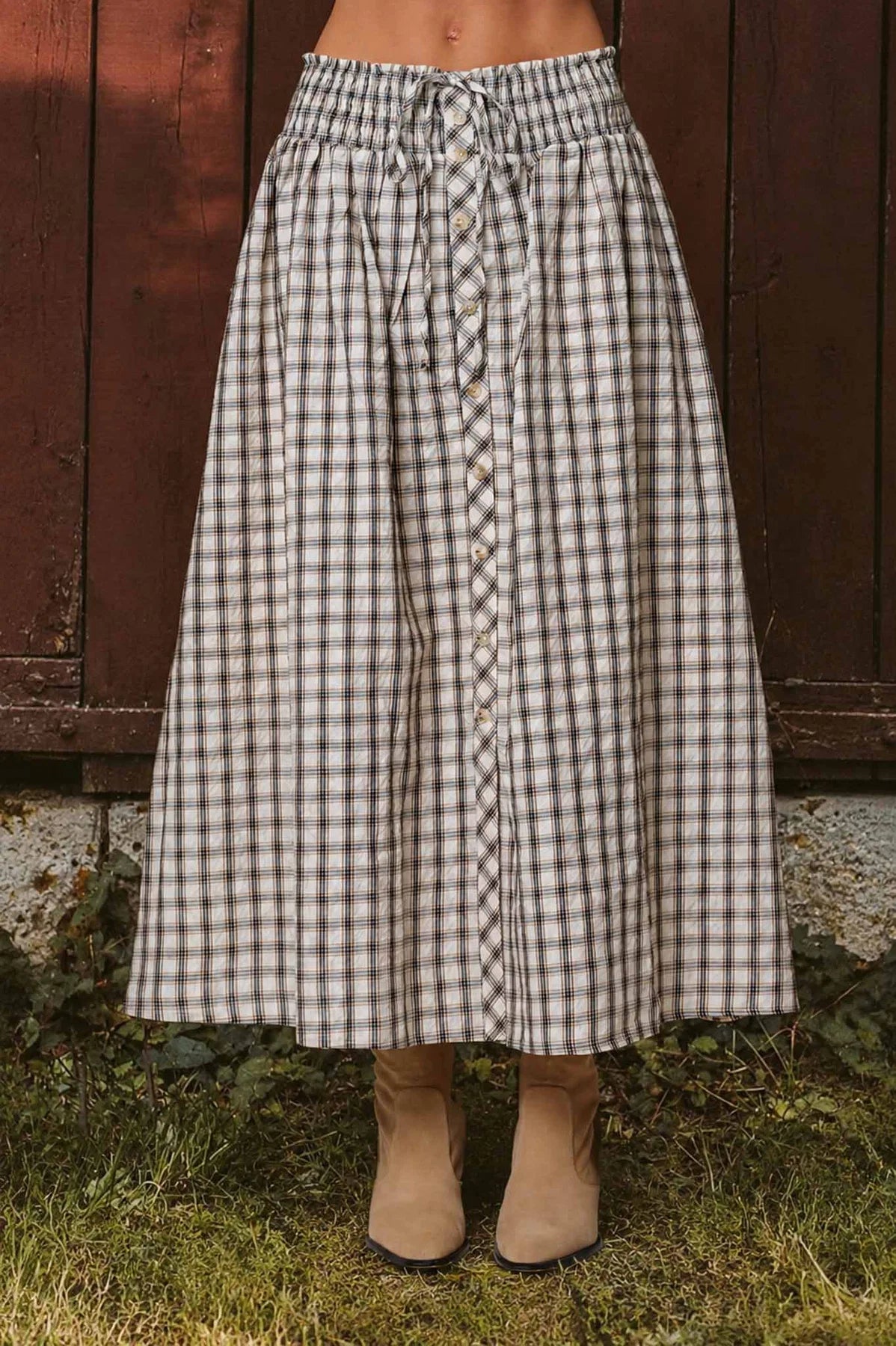 Plaid Mocked Waist Button Skirt