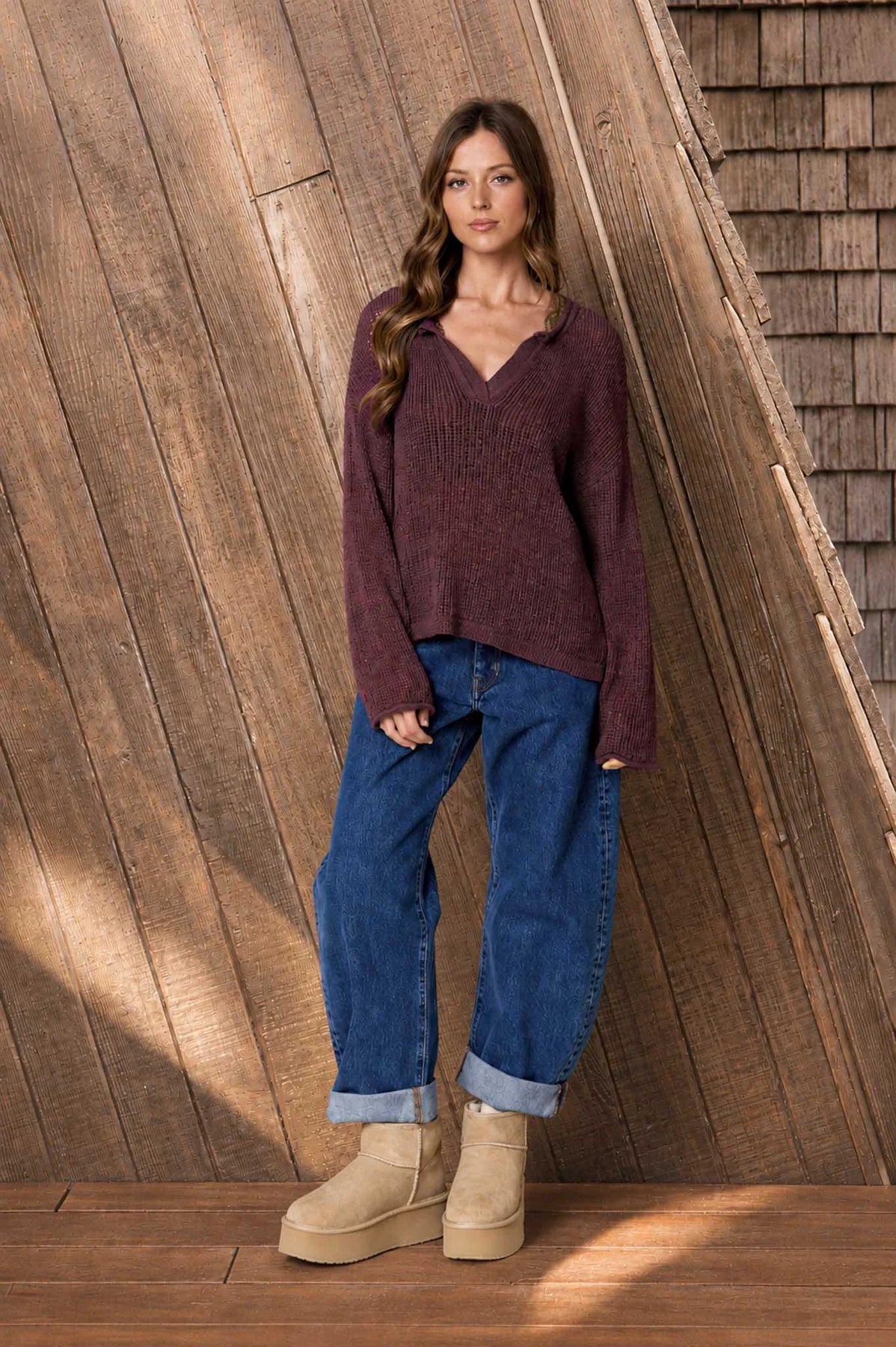 Raw Edge Split Neck Pullover Sweater