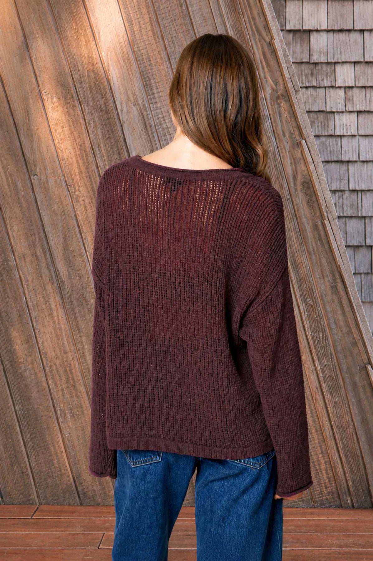 Raw Edge Split Neck Pullover Sweater
