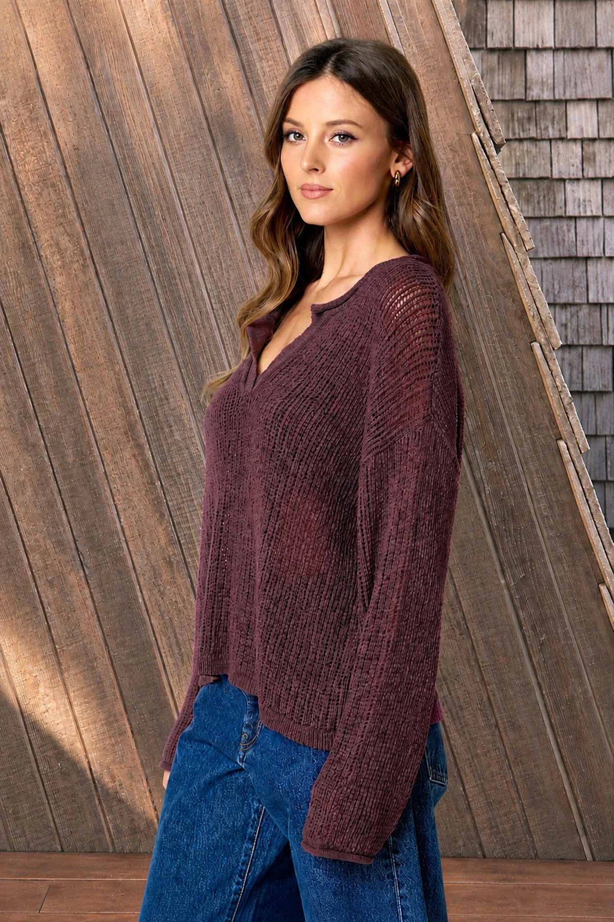 Raw Edge Split Neck Pullover Sweater