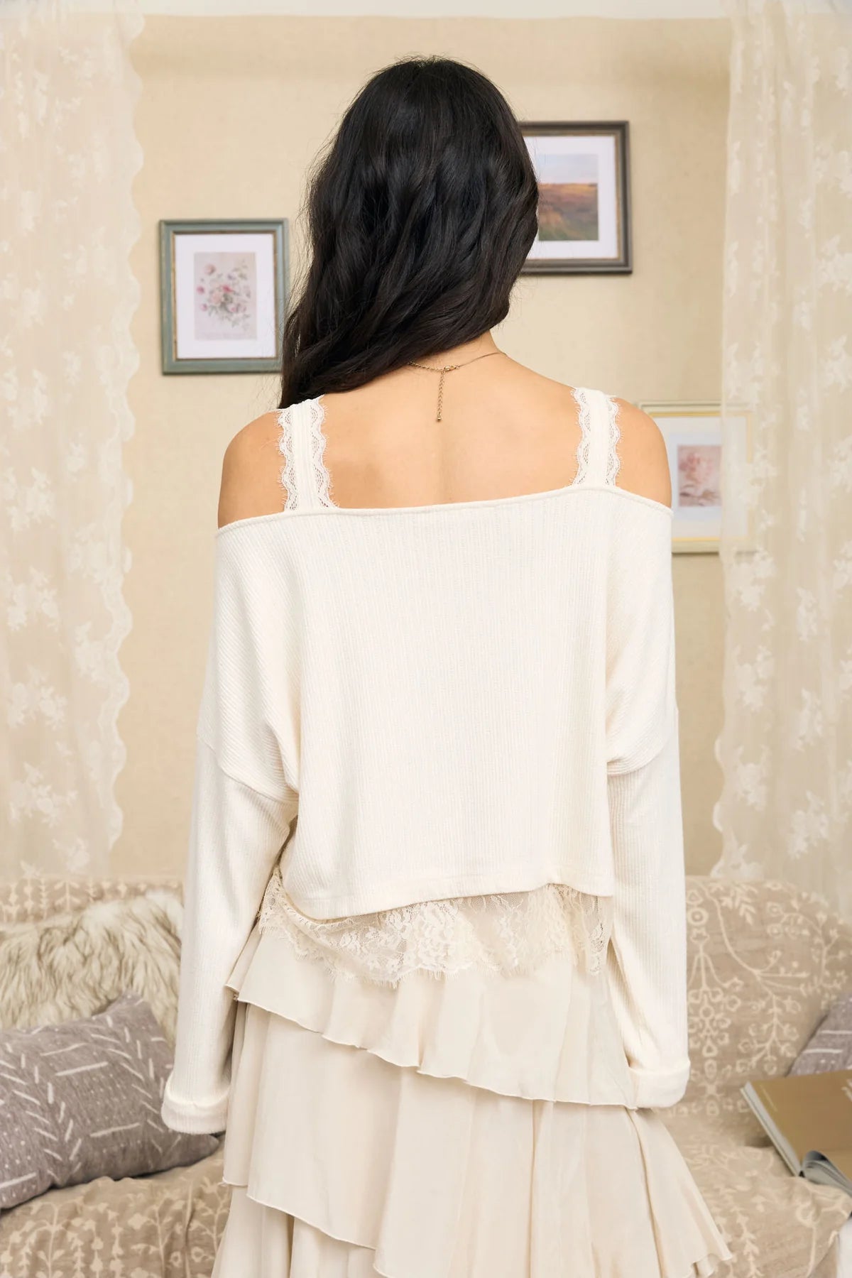 Cream Lace Hem Ribbed Top