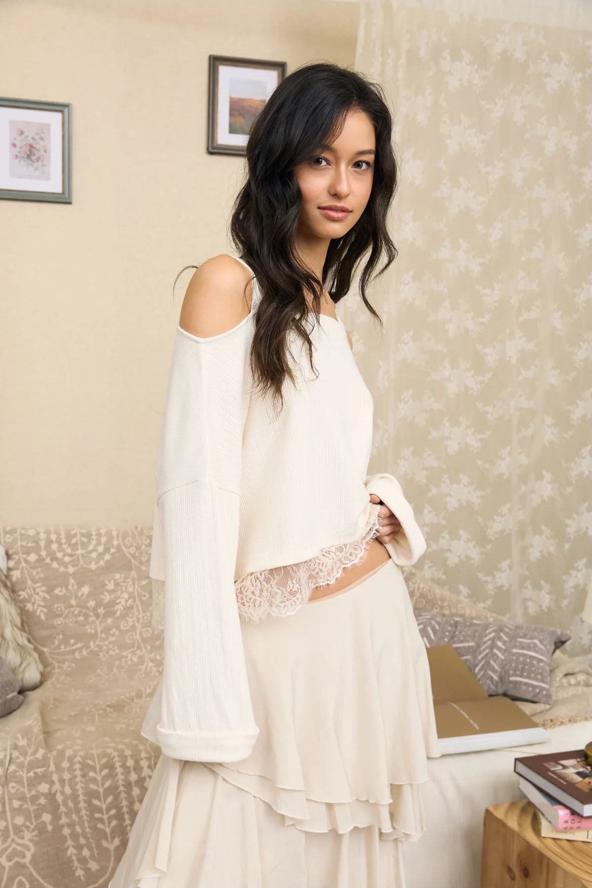 Cream Lace Hem Ribbed Top