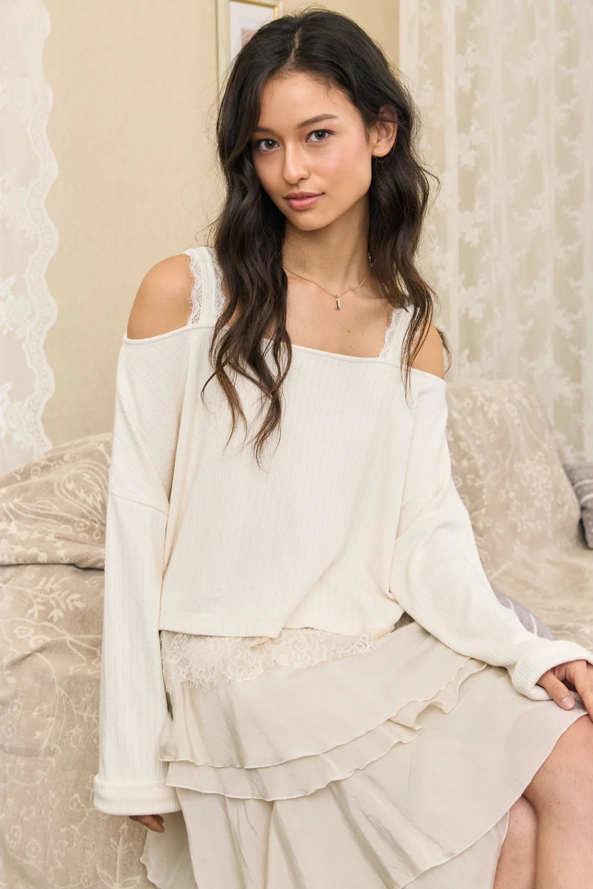 Cream Lace Hem Ribbed Top
