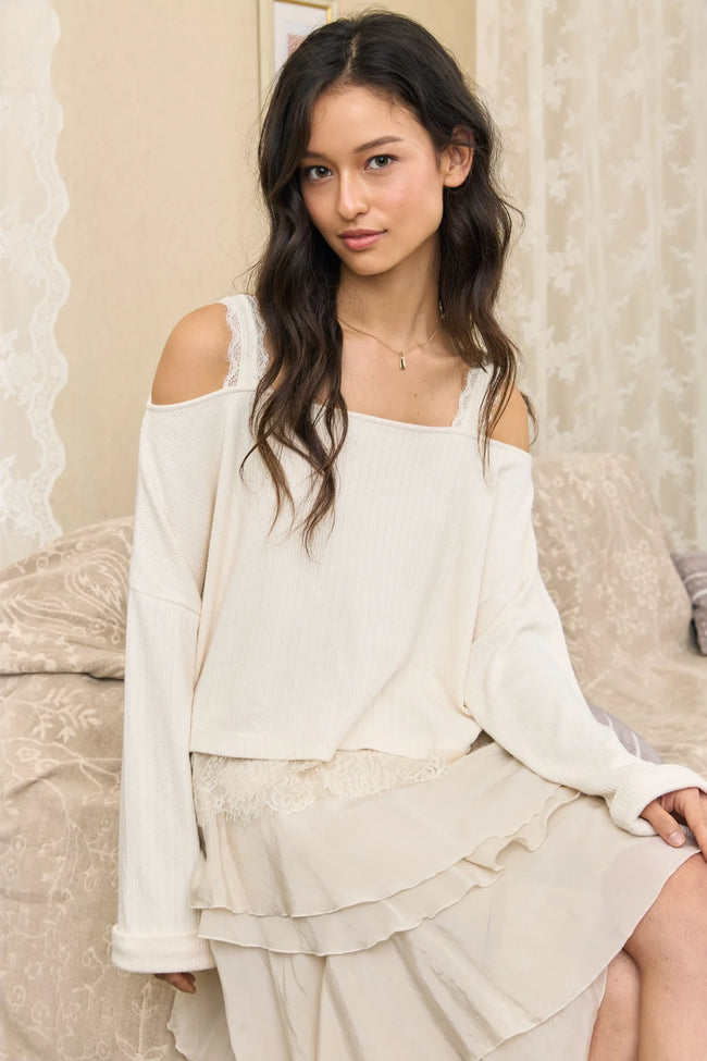 Cream Lace Hem Ribbed Top