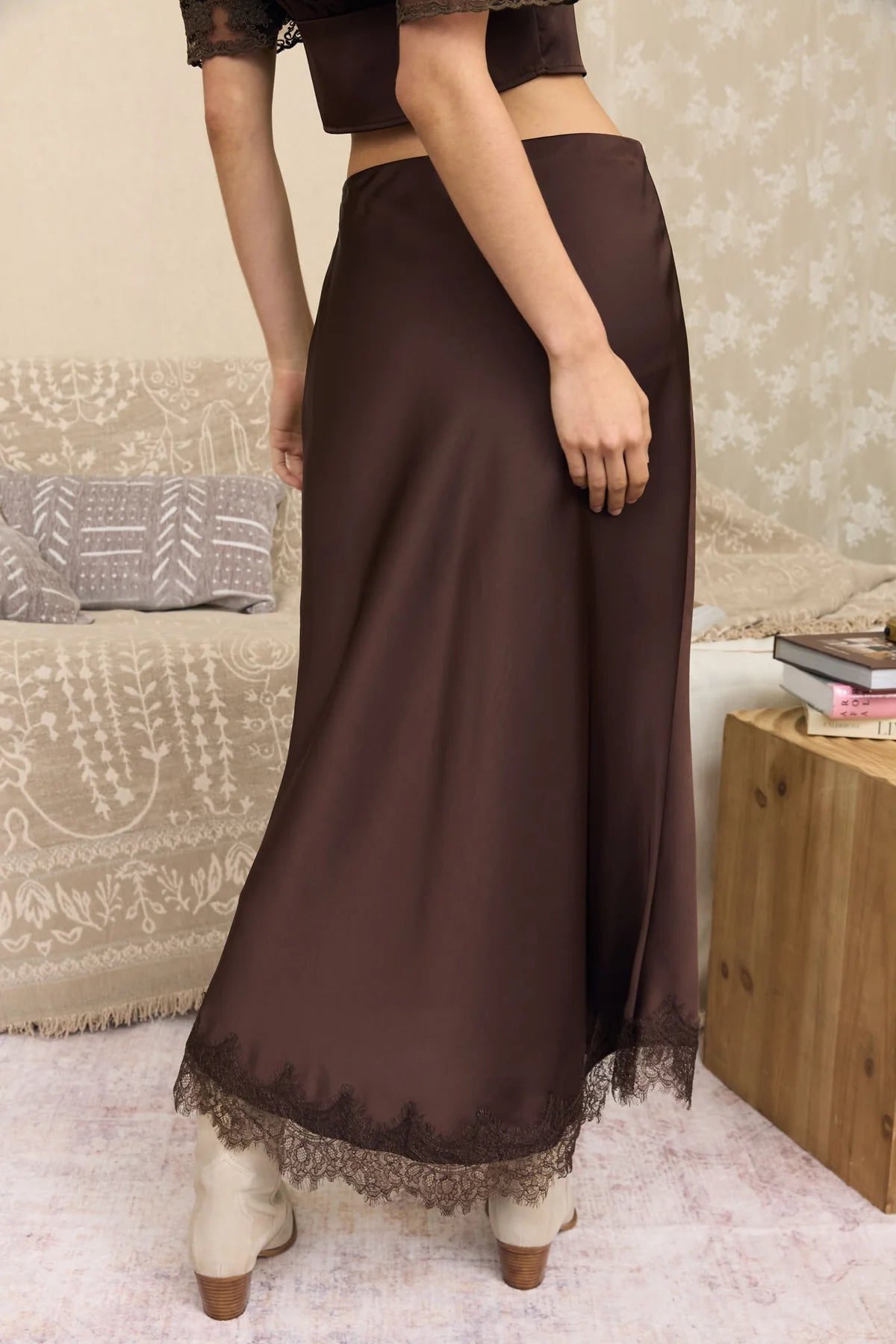Choco Satin Lace Hem Pencil Skirt