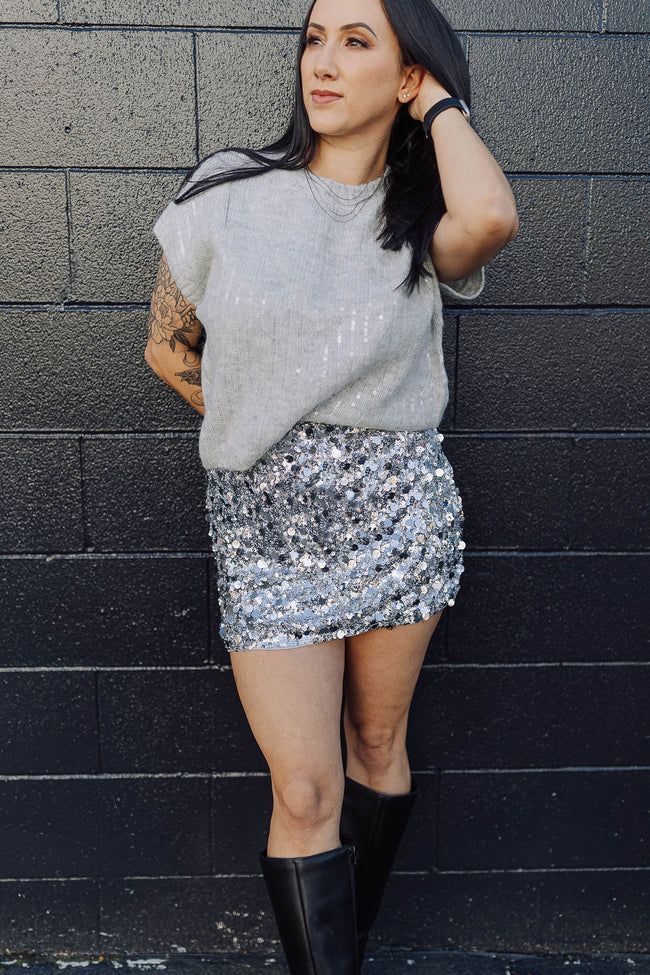 Silver Sequin Knit Sweater Top