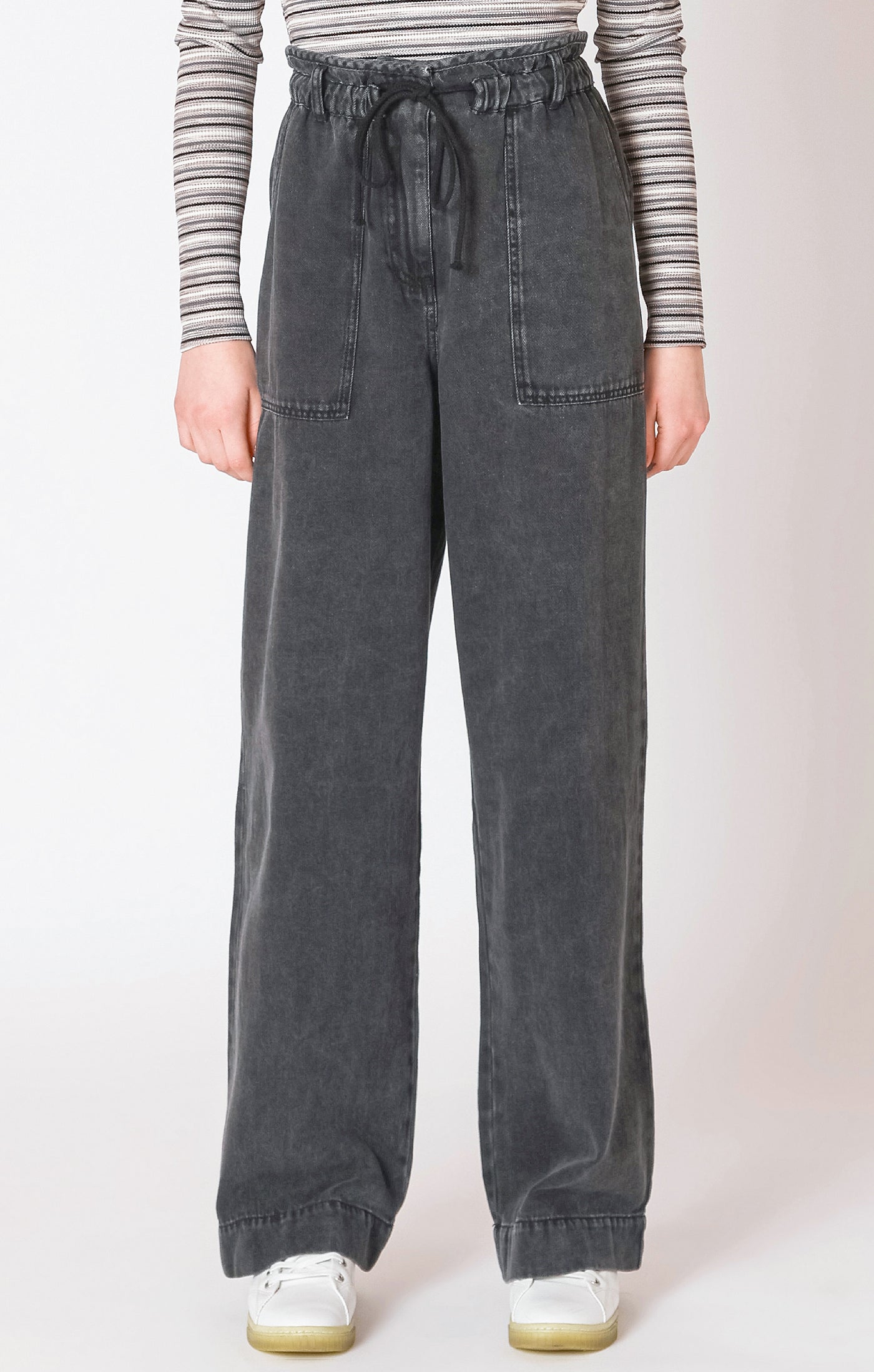Black Stone Wash Tie Waist Denim