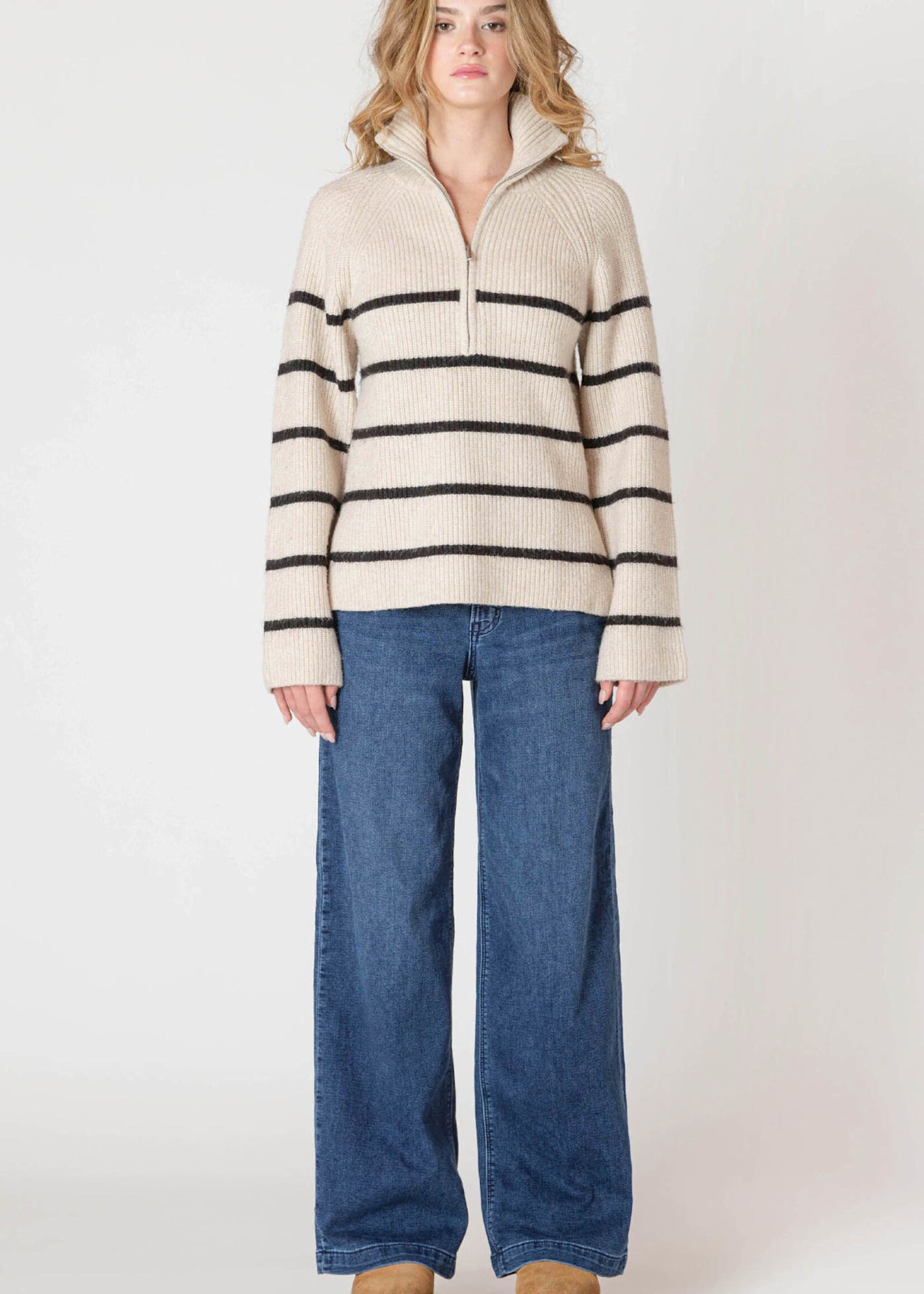 Quarter Zip Stripe Ivory Sweater
