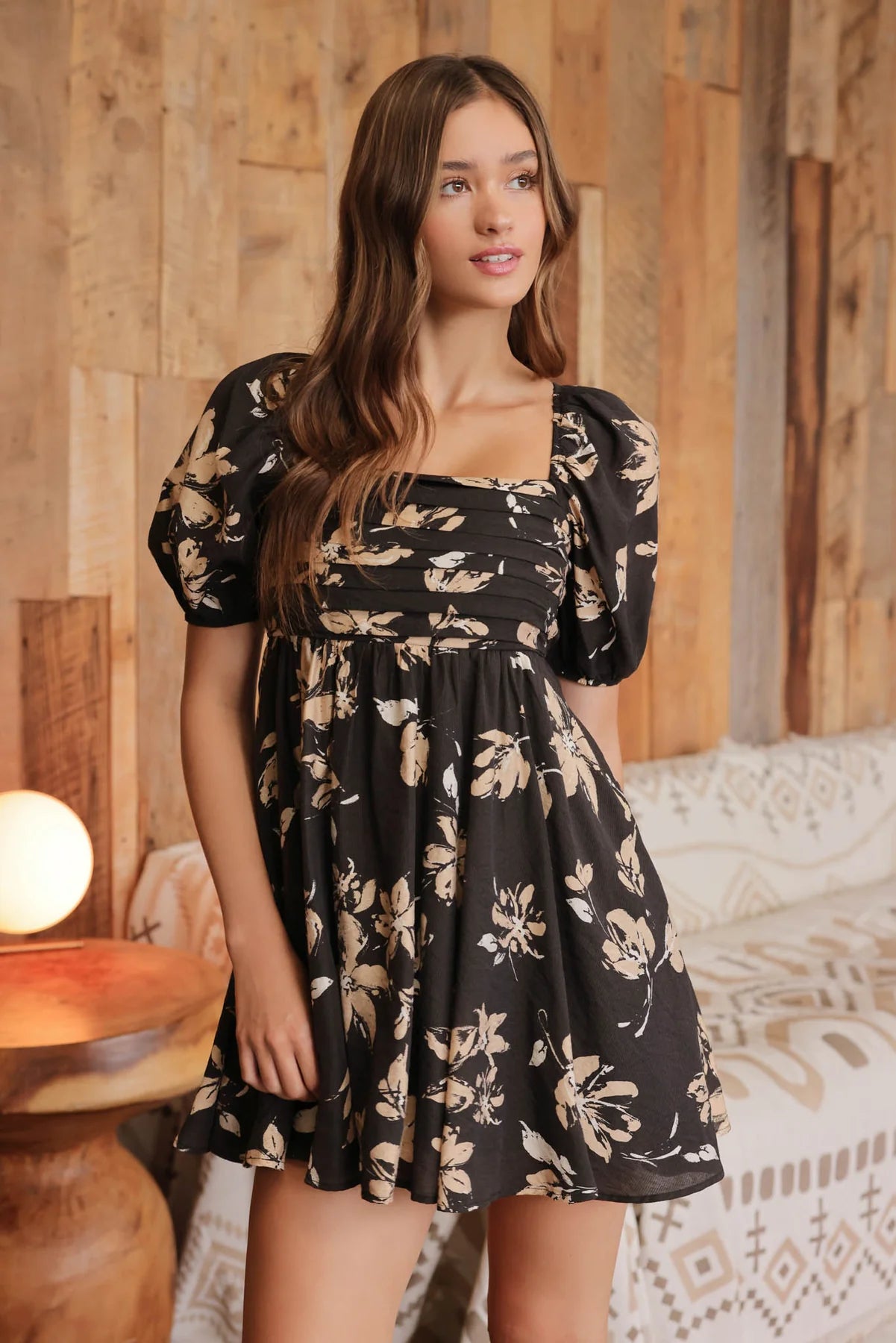 Black Floral Puff Sleeve Mini Dress