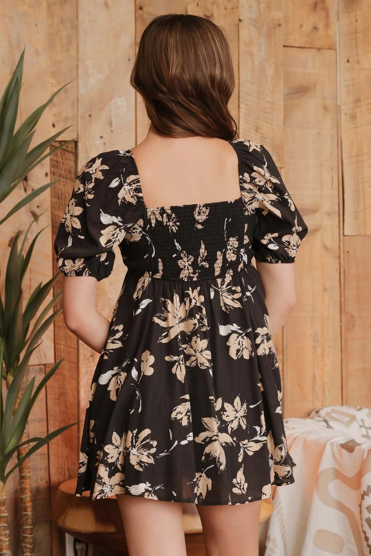 Black Floral Puff Sleeve Mini Dress