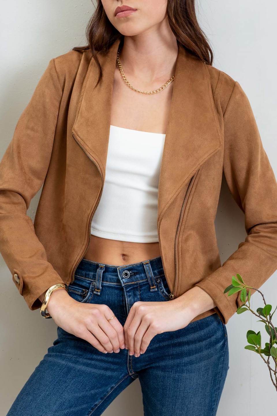 Cognac Micro Suede Moto Jacket