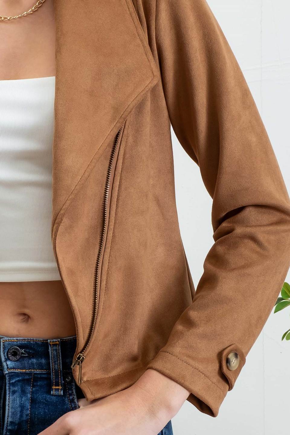 Cognac Micro Suede Moto Jacket