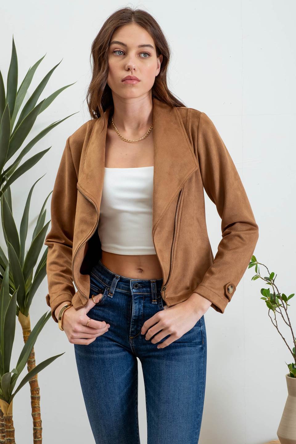 Cognac Micro Suede Moto Jacket