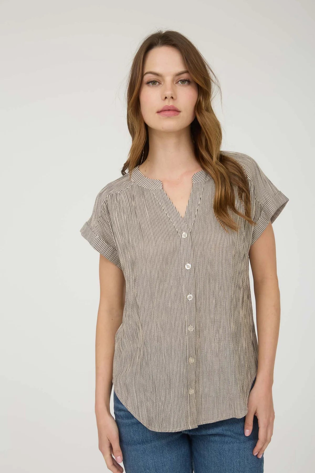 Gather Stripe Button Down Top