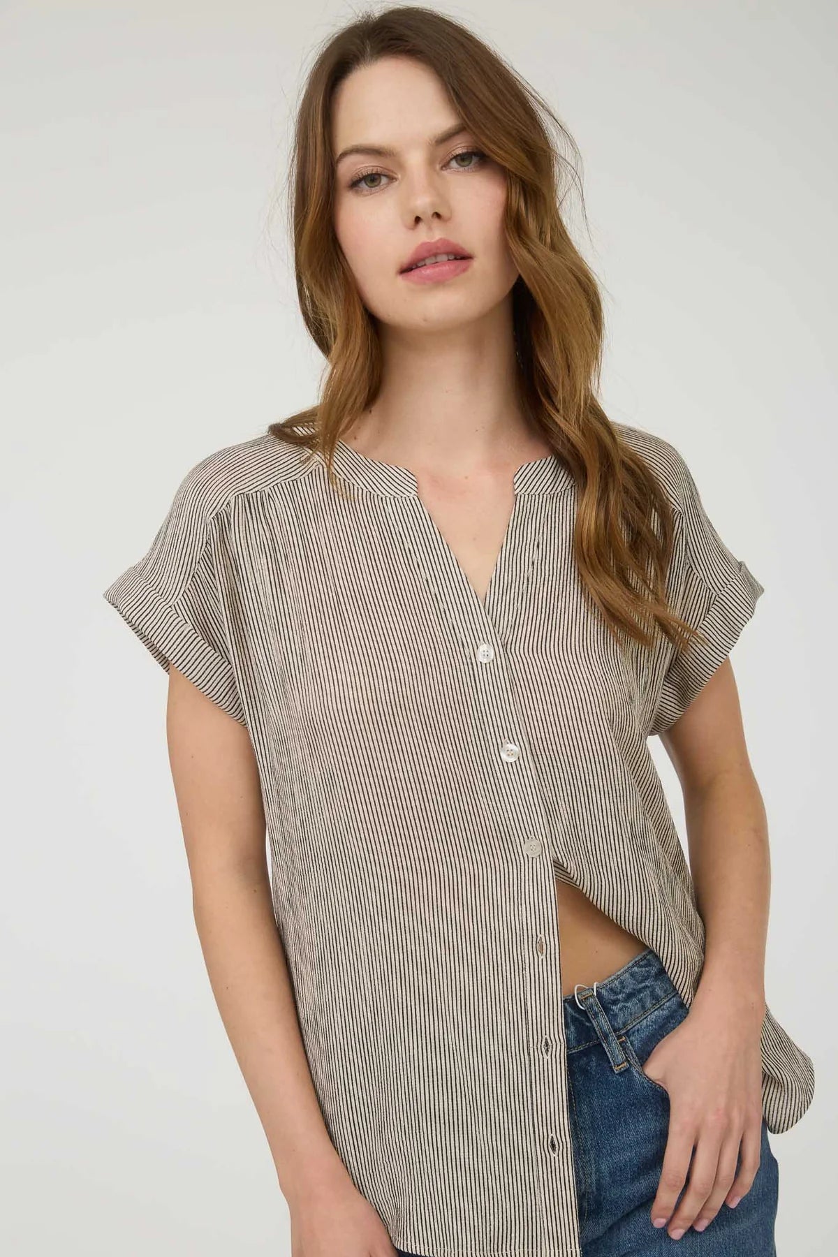 Gather Stripe Button Down Top
