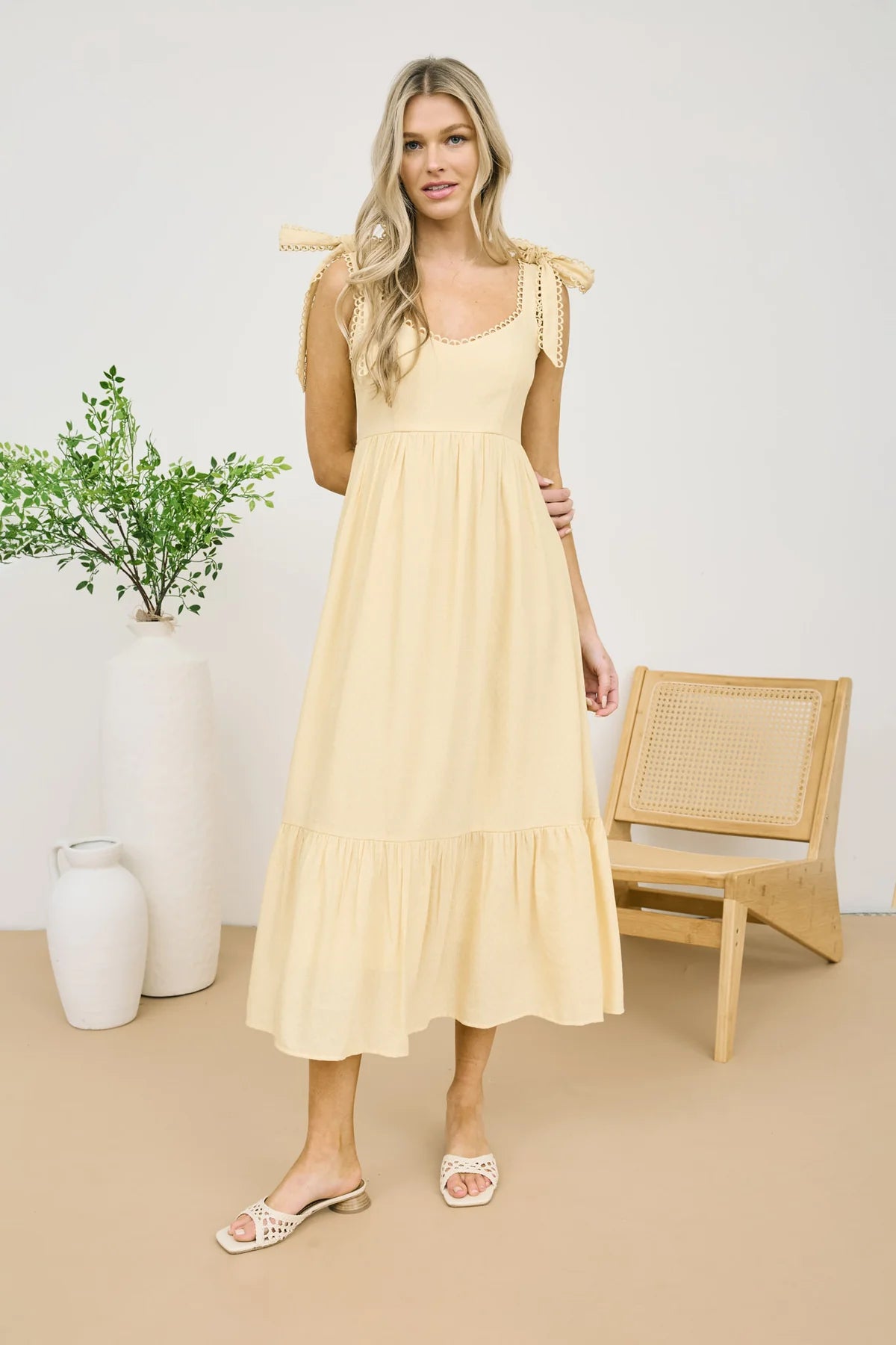 Butter Yellow Tie Tiered Midi Dress