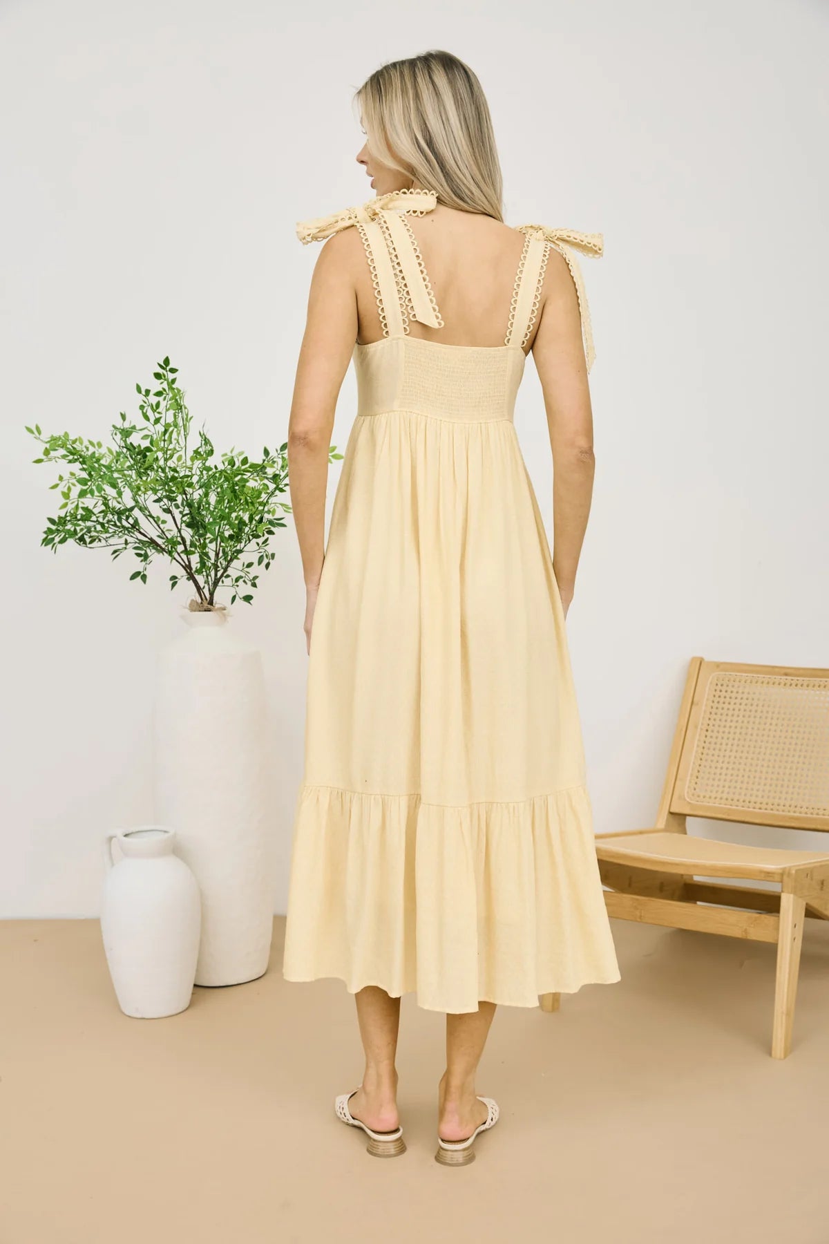 Butter Yellow Tie Tiered Midi Dress