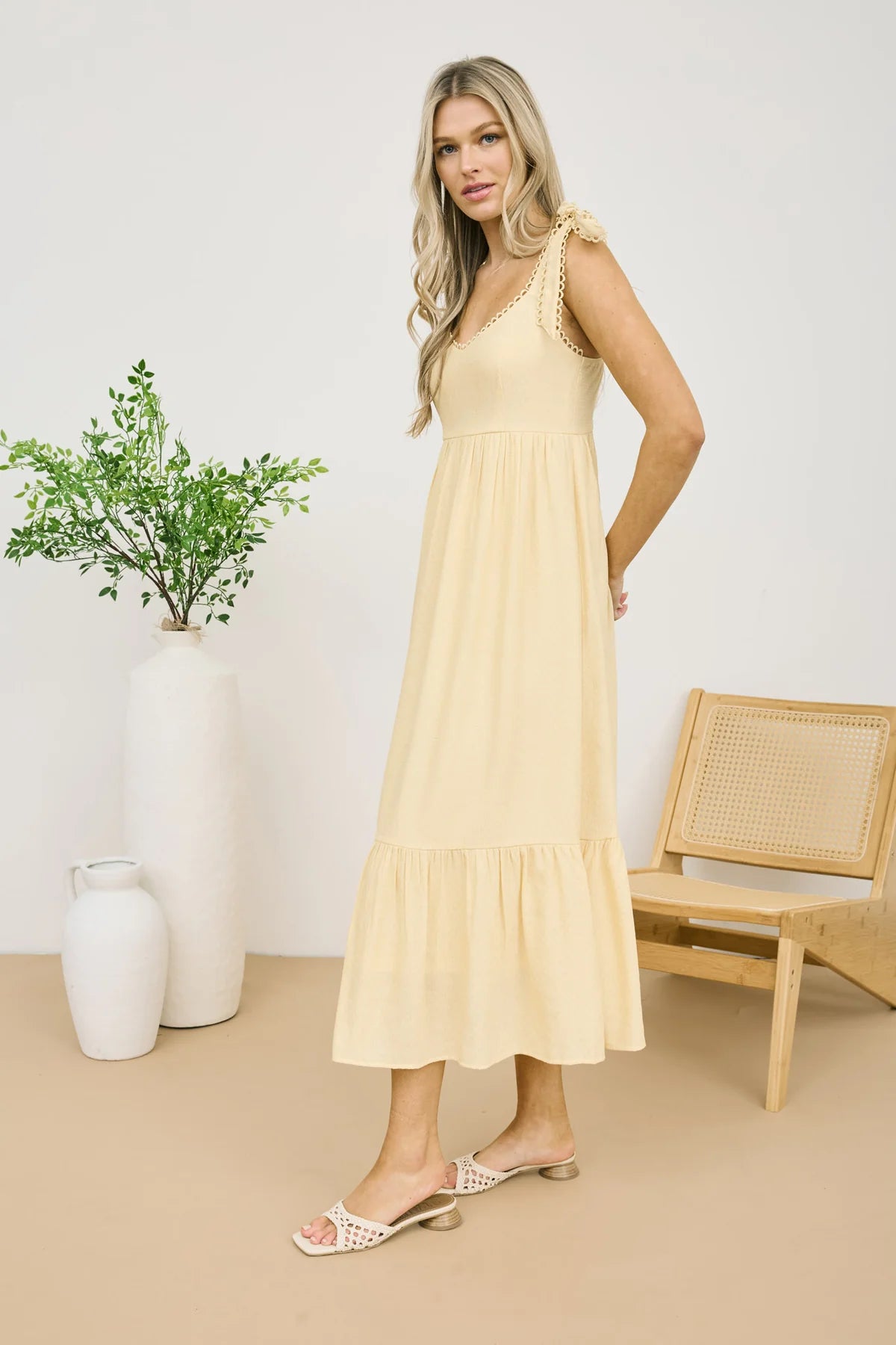 Butter Yellow Tie Tiered Midi Dress