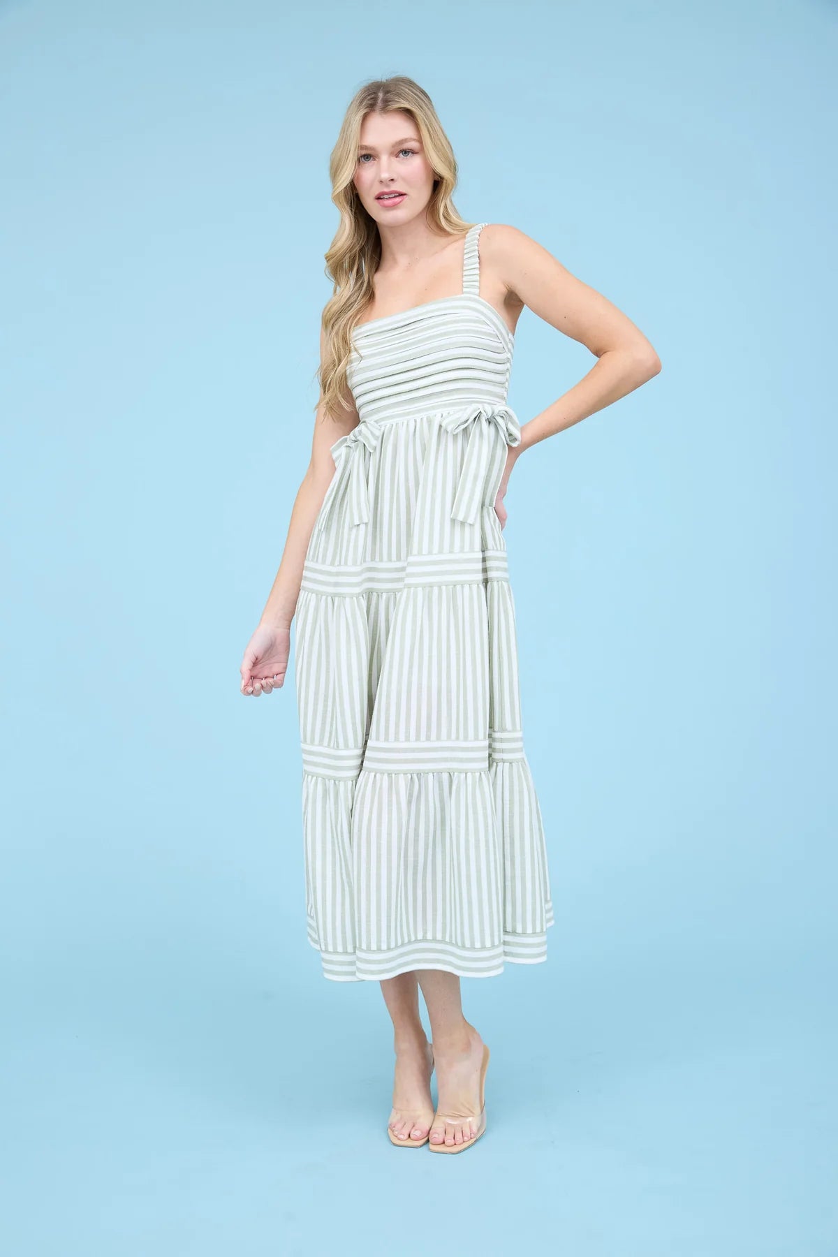 Olive Stripe Tiered Midi Dress