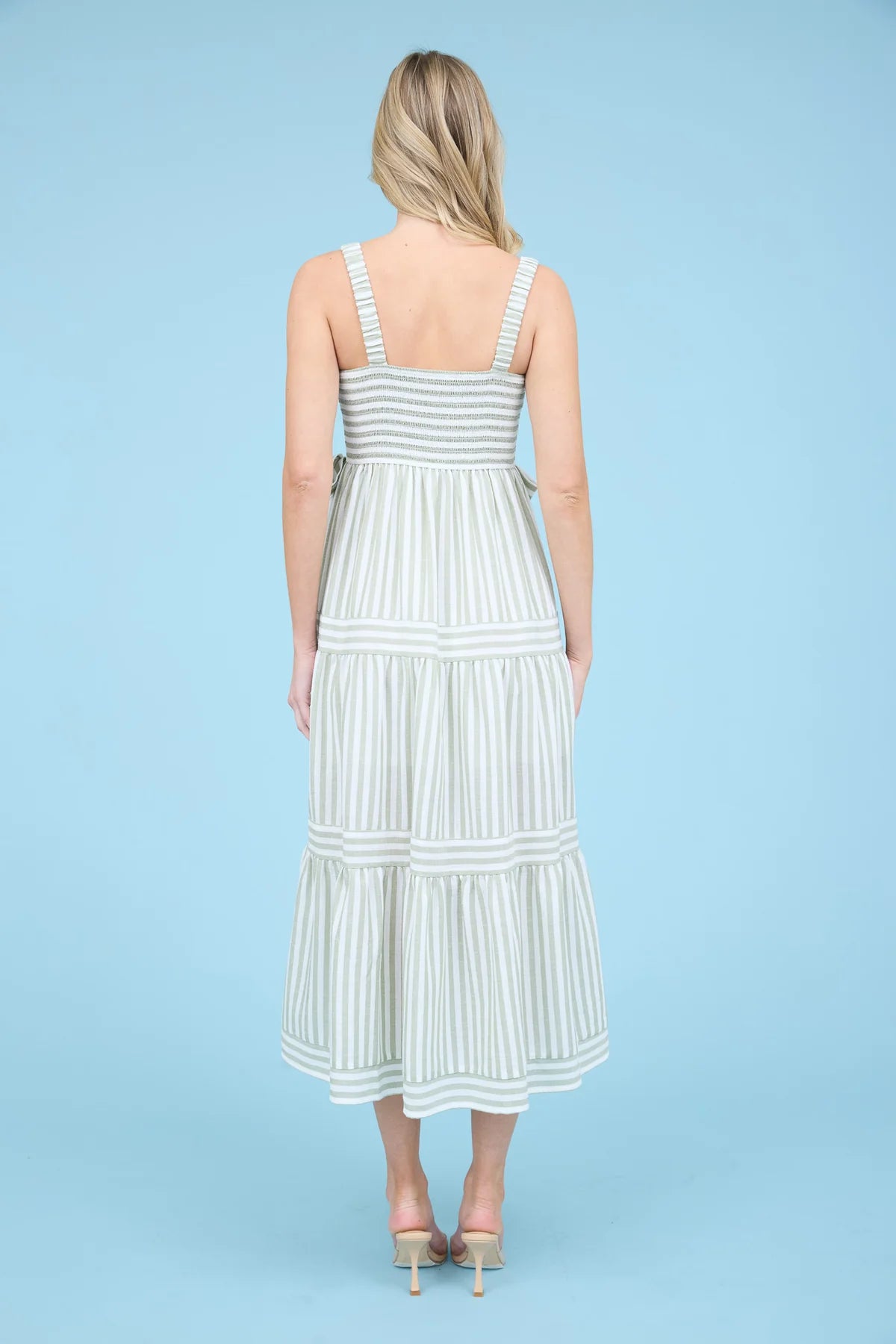 Olive Stripe Tiered Midi Dress