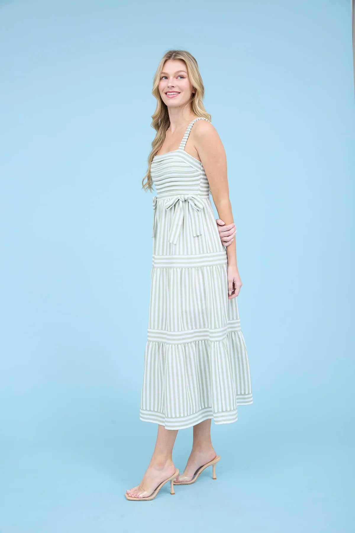 Olive Stripe Tiered Midi Dress