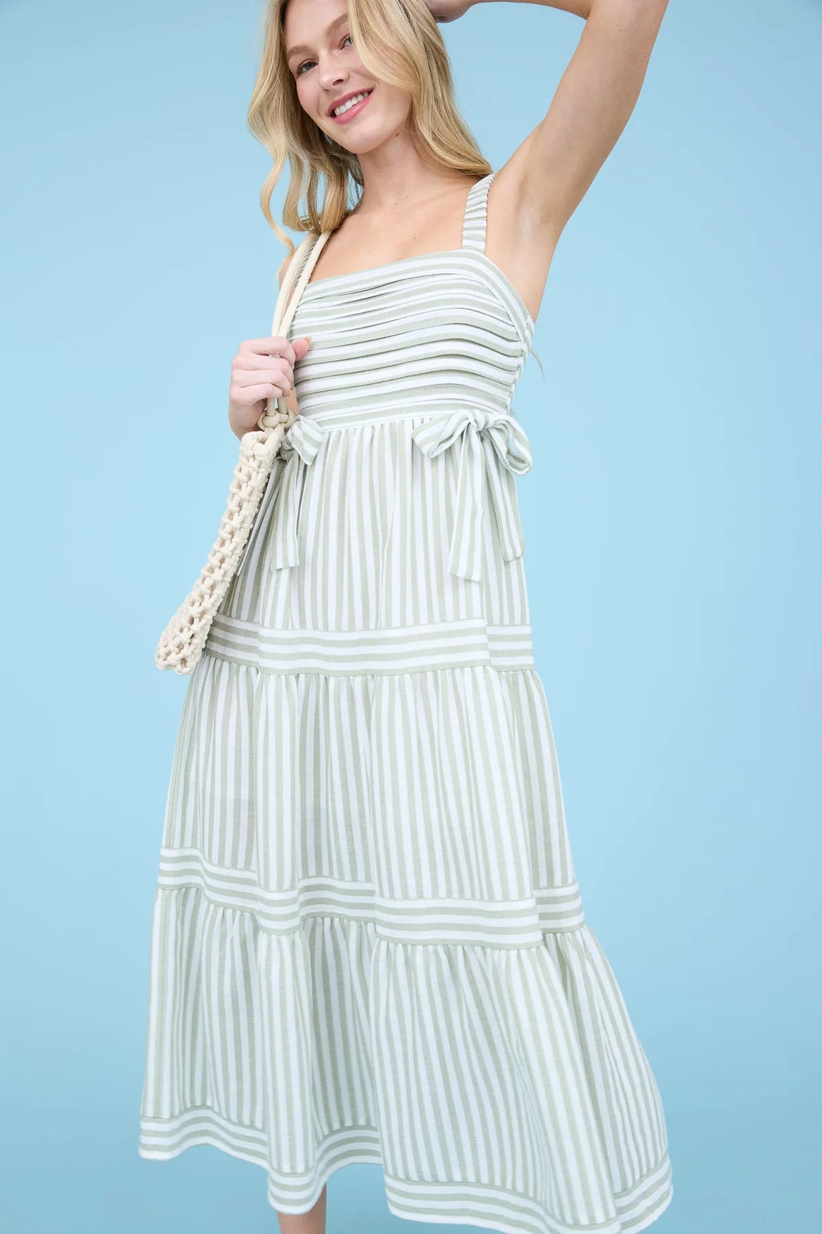 Olive Stripe Tiered Midi Dress