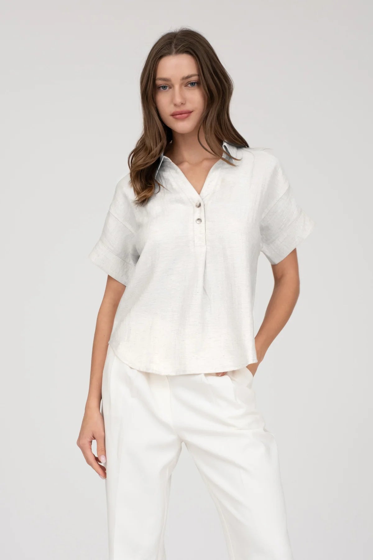 White Linen Blend Button Blouse