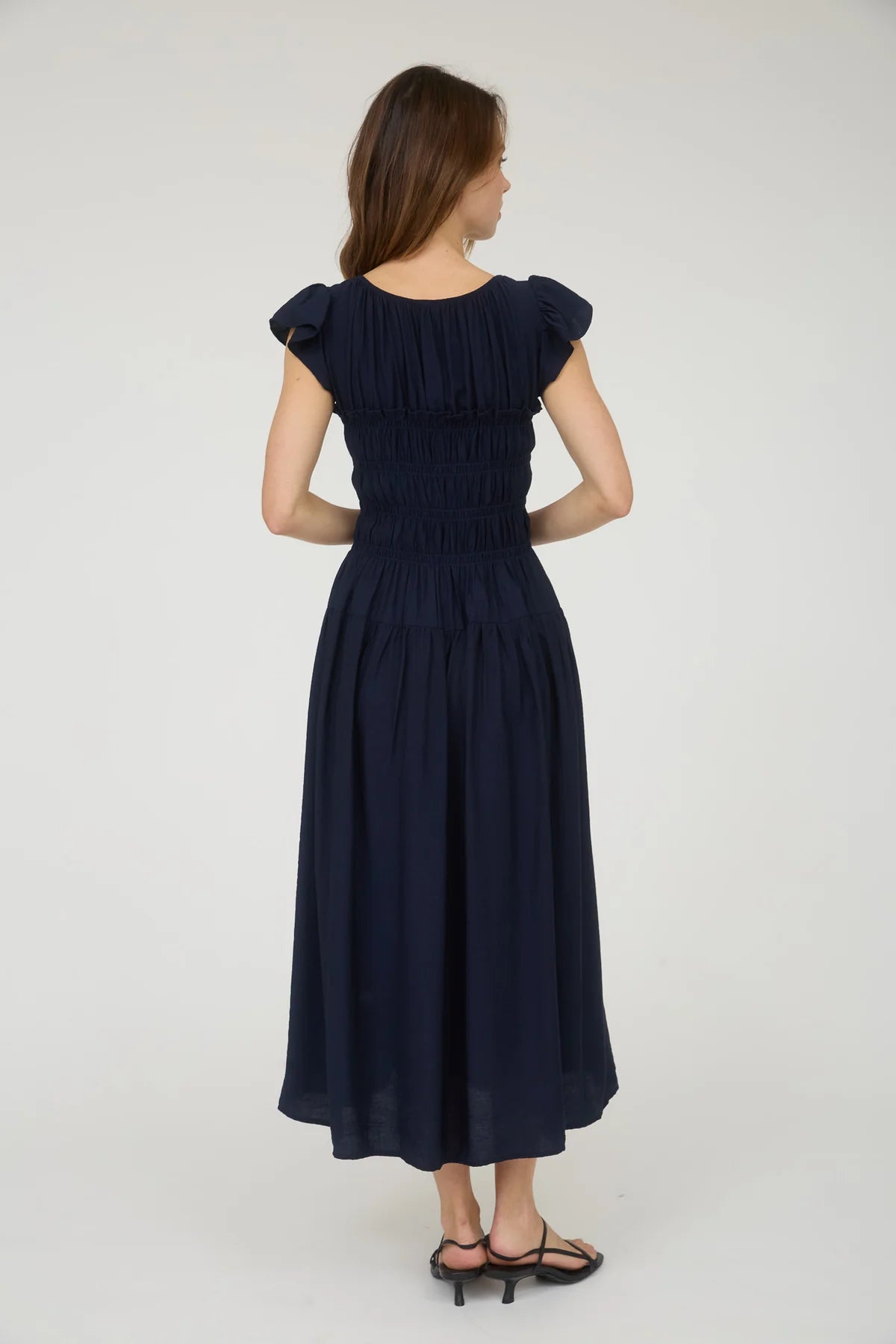 Navy Ruffle Sleeve Smocked Midi Dress