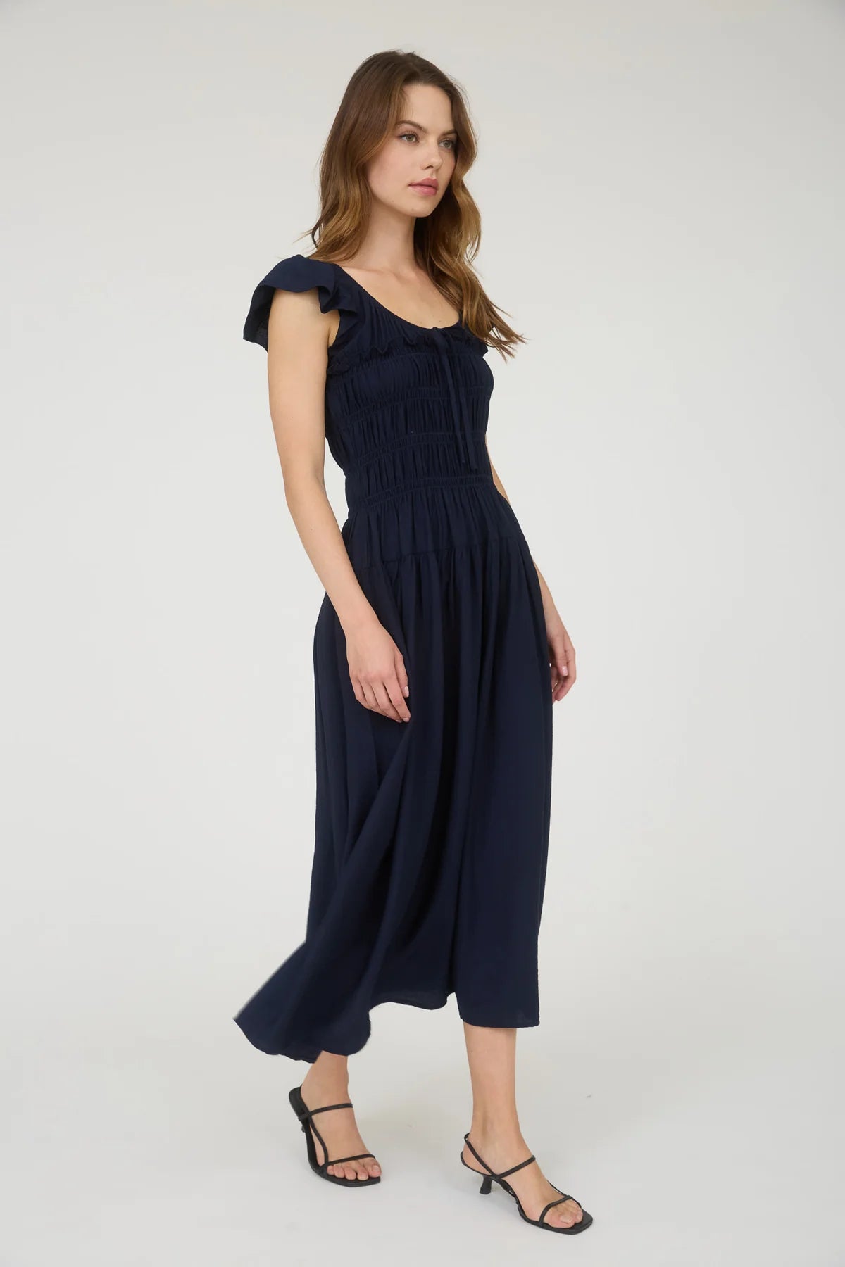 Navy Ruffle Sleeve Smocked Midi Dress