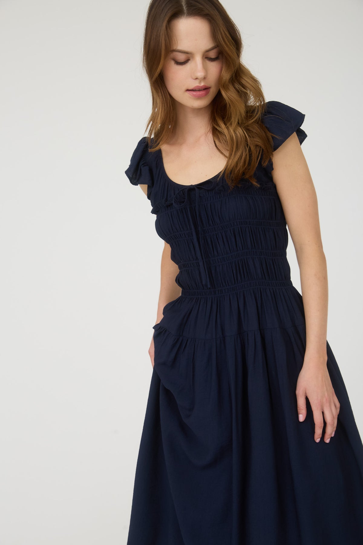 Navy Ruffle Sleeve Smocked Midi Dress