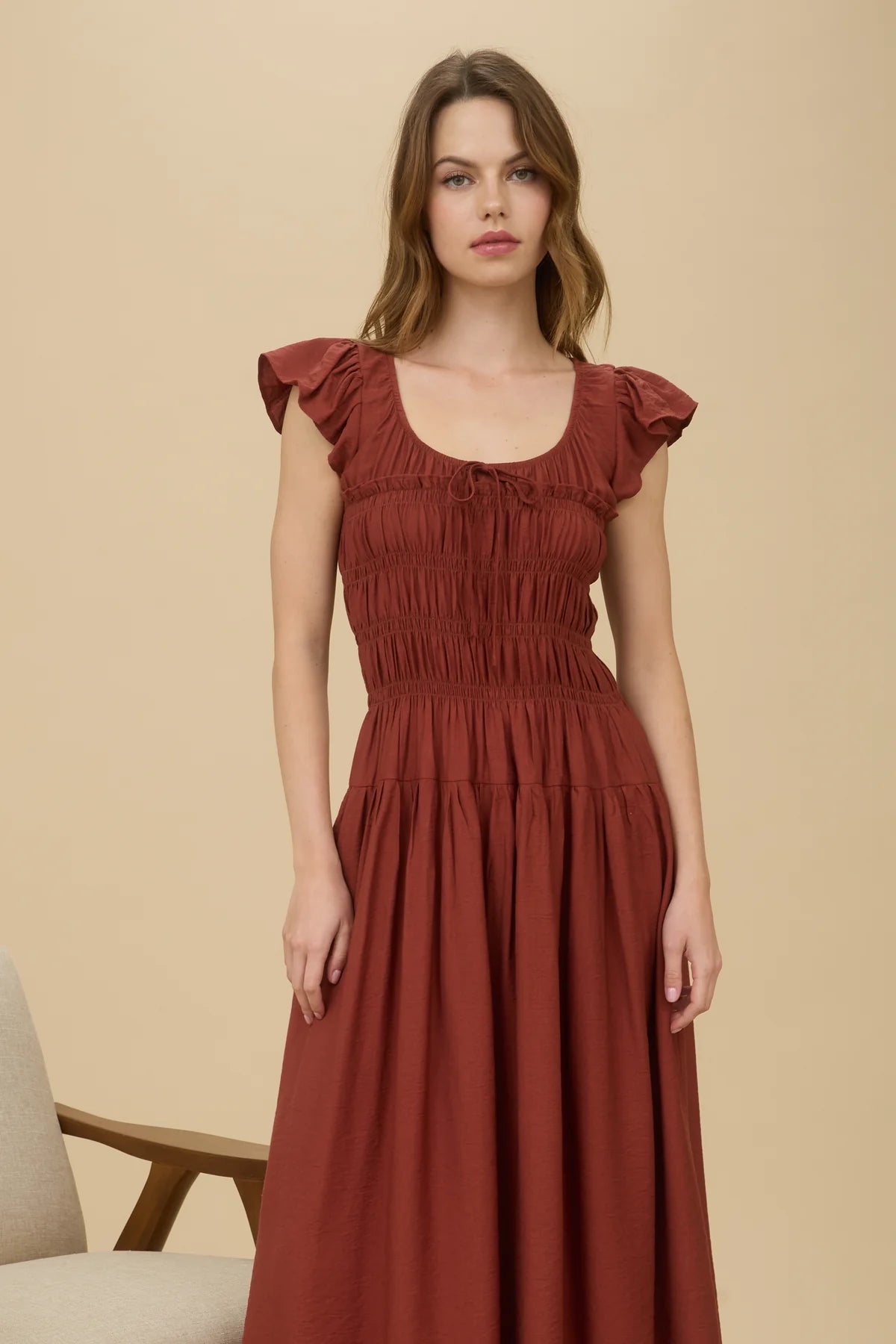 Rust Flutter Sleeve Midi Dress