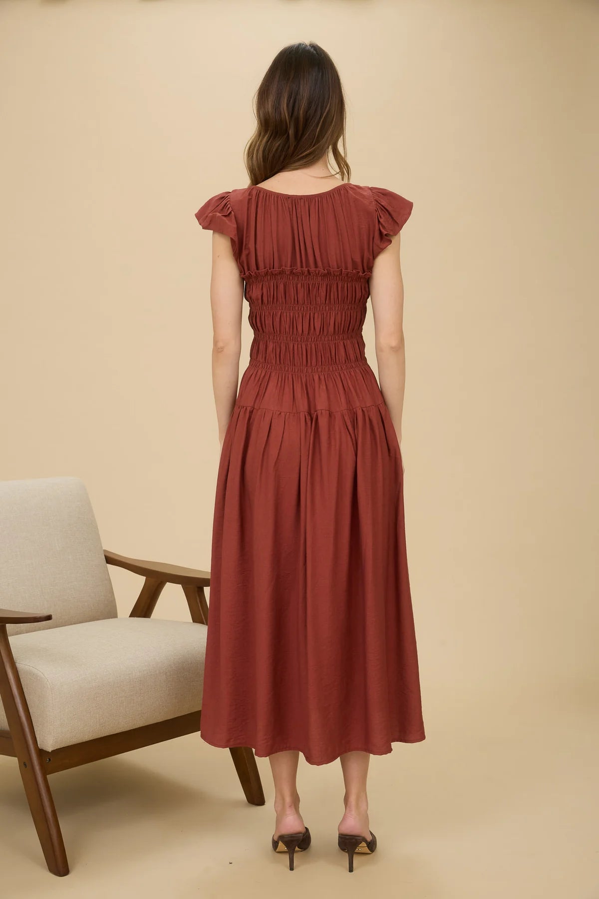 Rust Flutter Sleeve Midi Dress