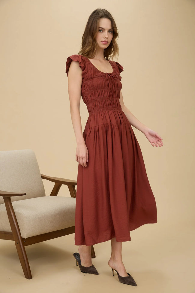 Rust Flutter Sleeve Midi Dress