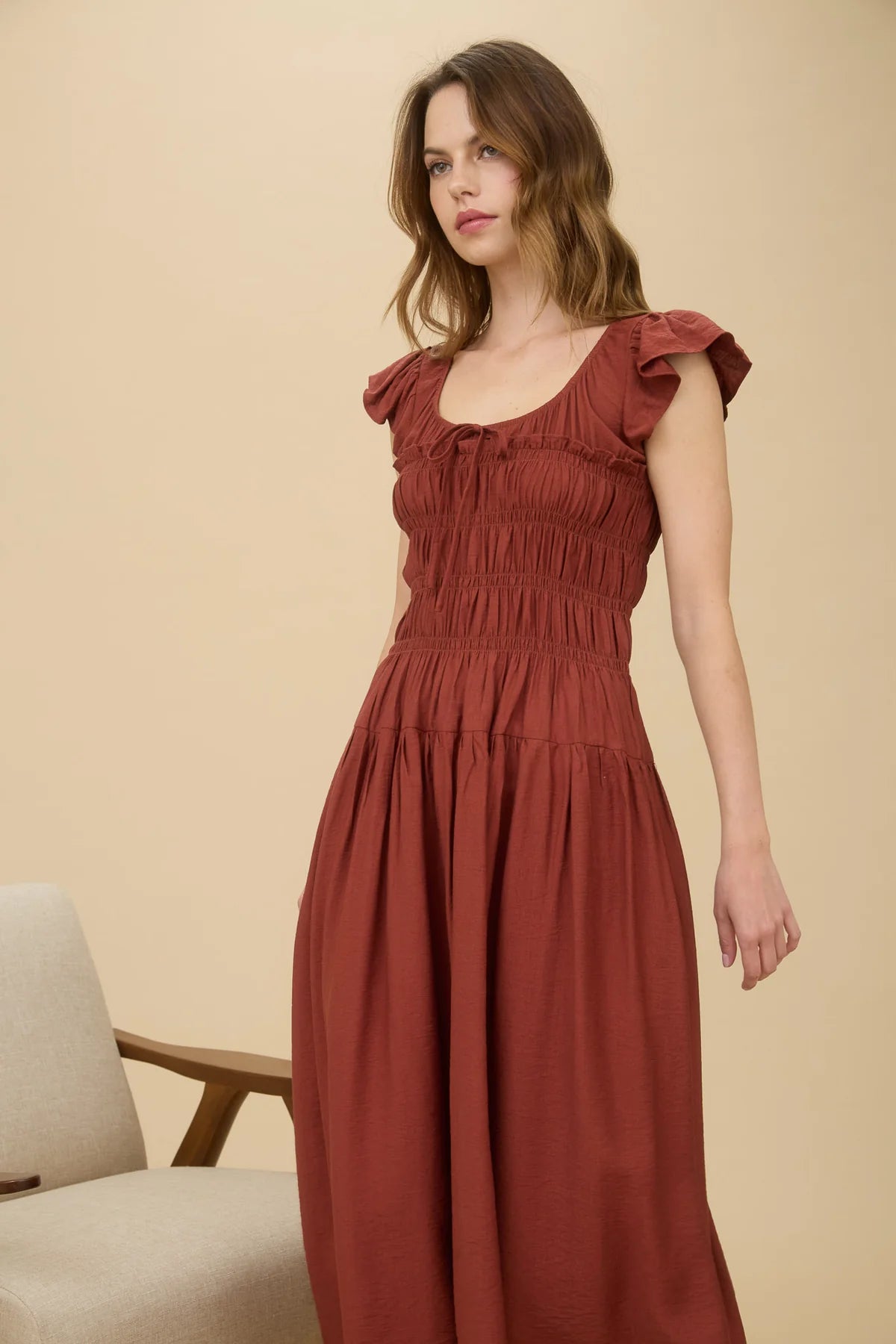 Rust Flutter Sleeve Midi Dress