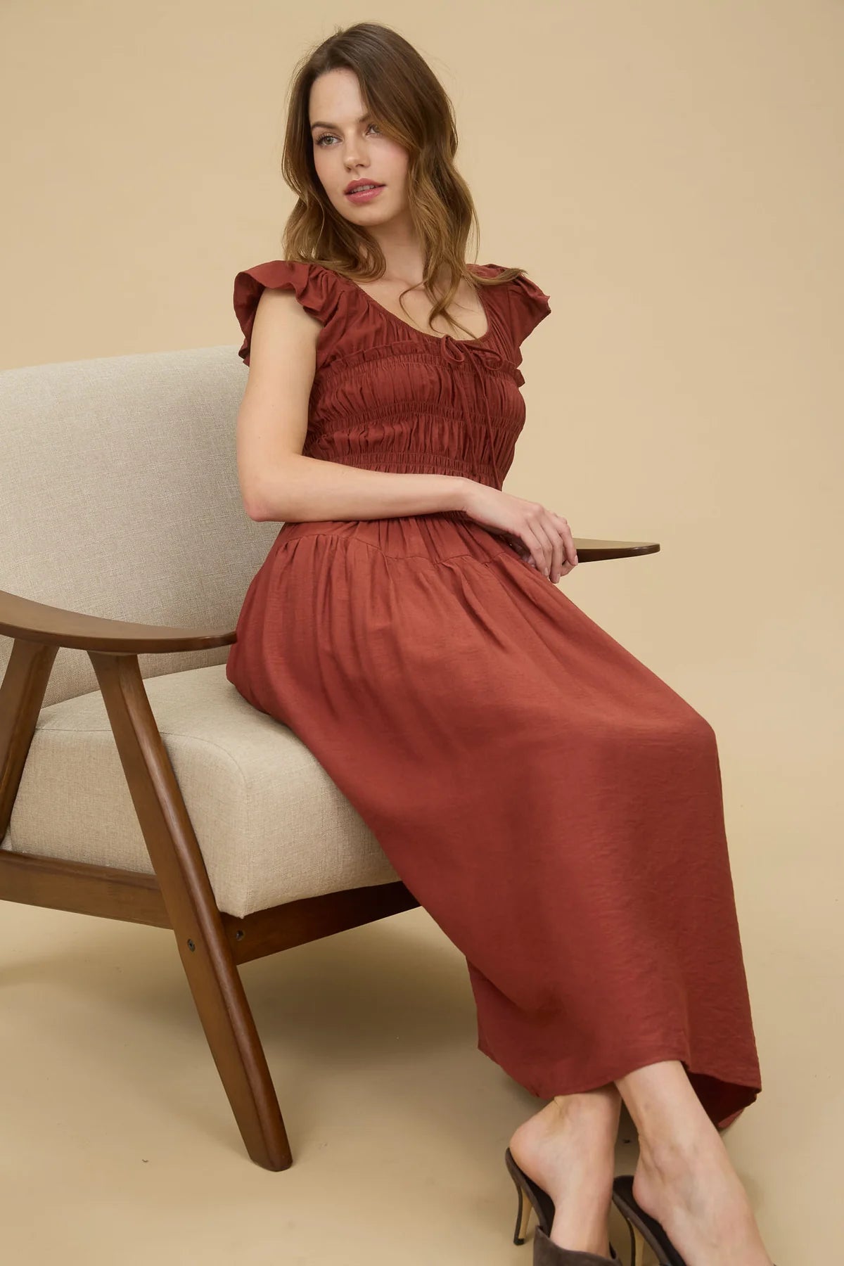 Rust Flutter Sleeve Midi Dress