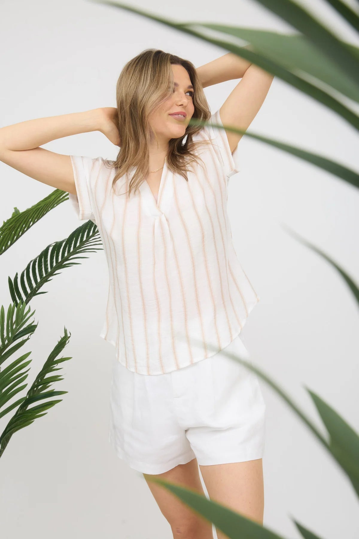 Khaki Stripe Button Back Blouse
