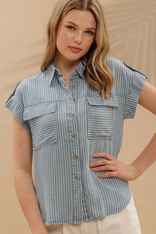 Tencel Chambray Stripe Button Up