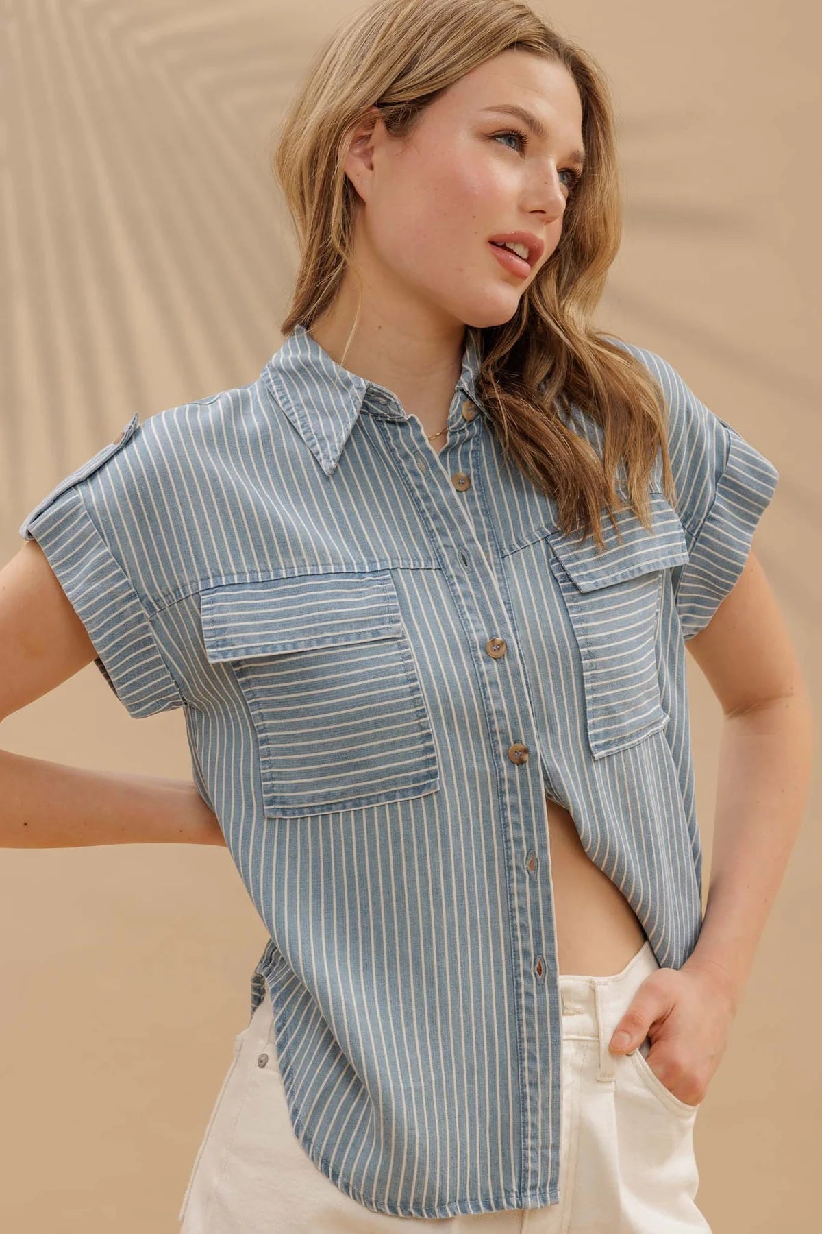 Tencel Chambray Stripe Button Up