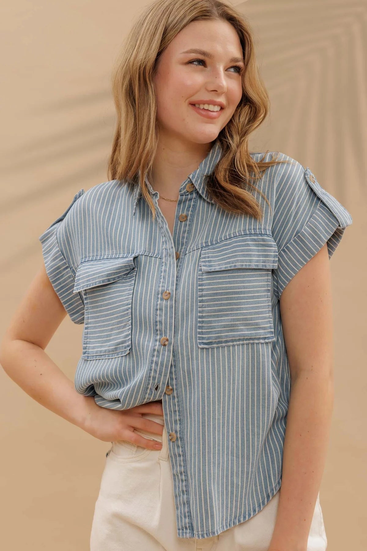 Tencel Chambray Stripe Button Up
