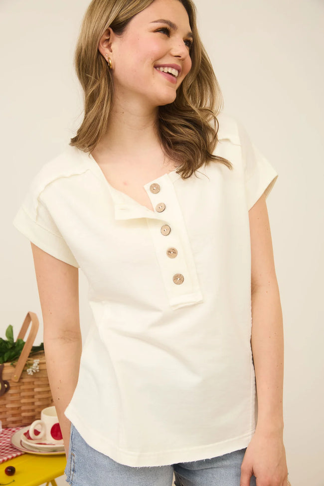 Cream Wood Button Henley Tee