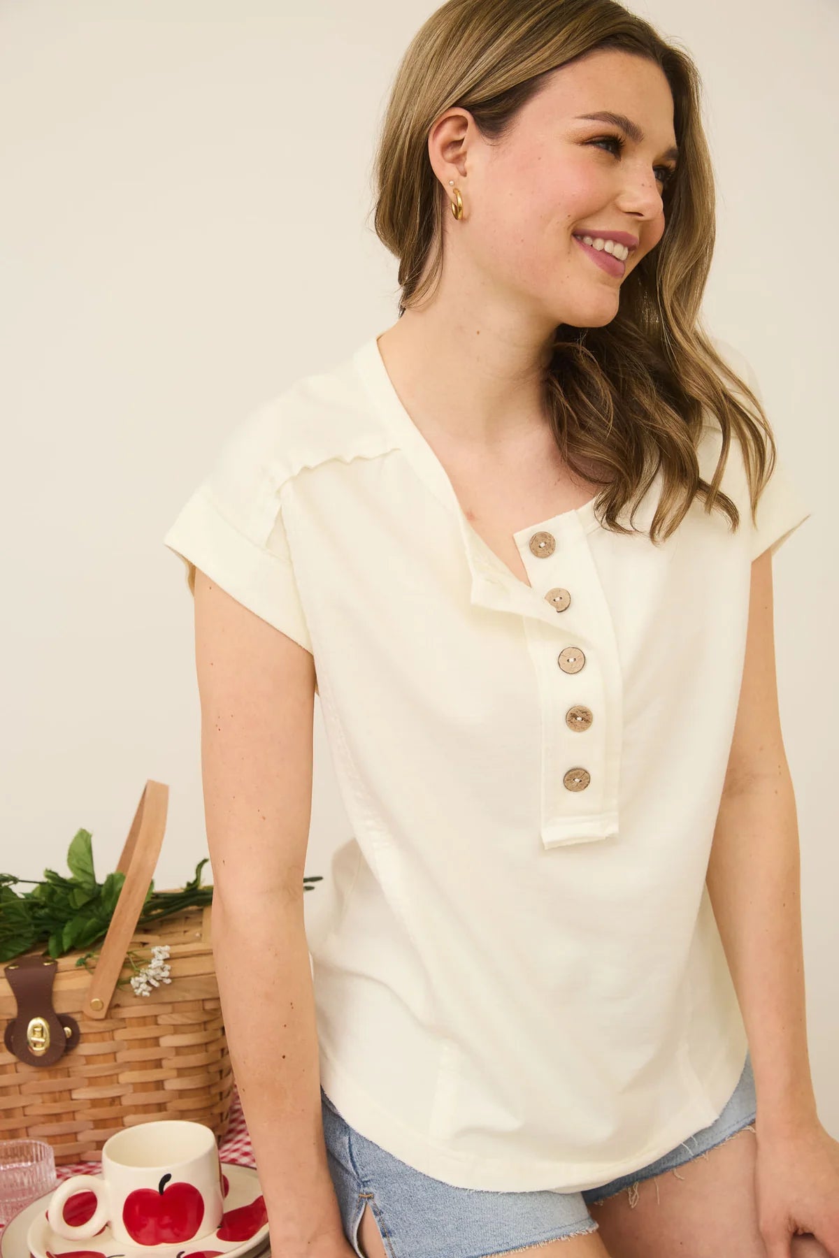 Cream Wood Button Henley Tee