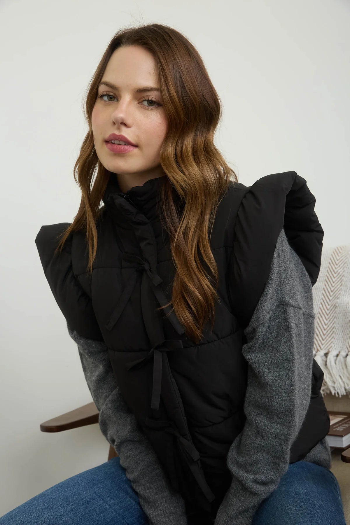 Black Flutter Sleeve Bow Vest