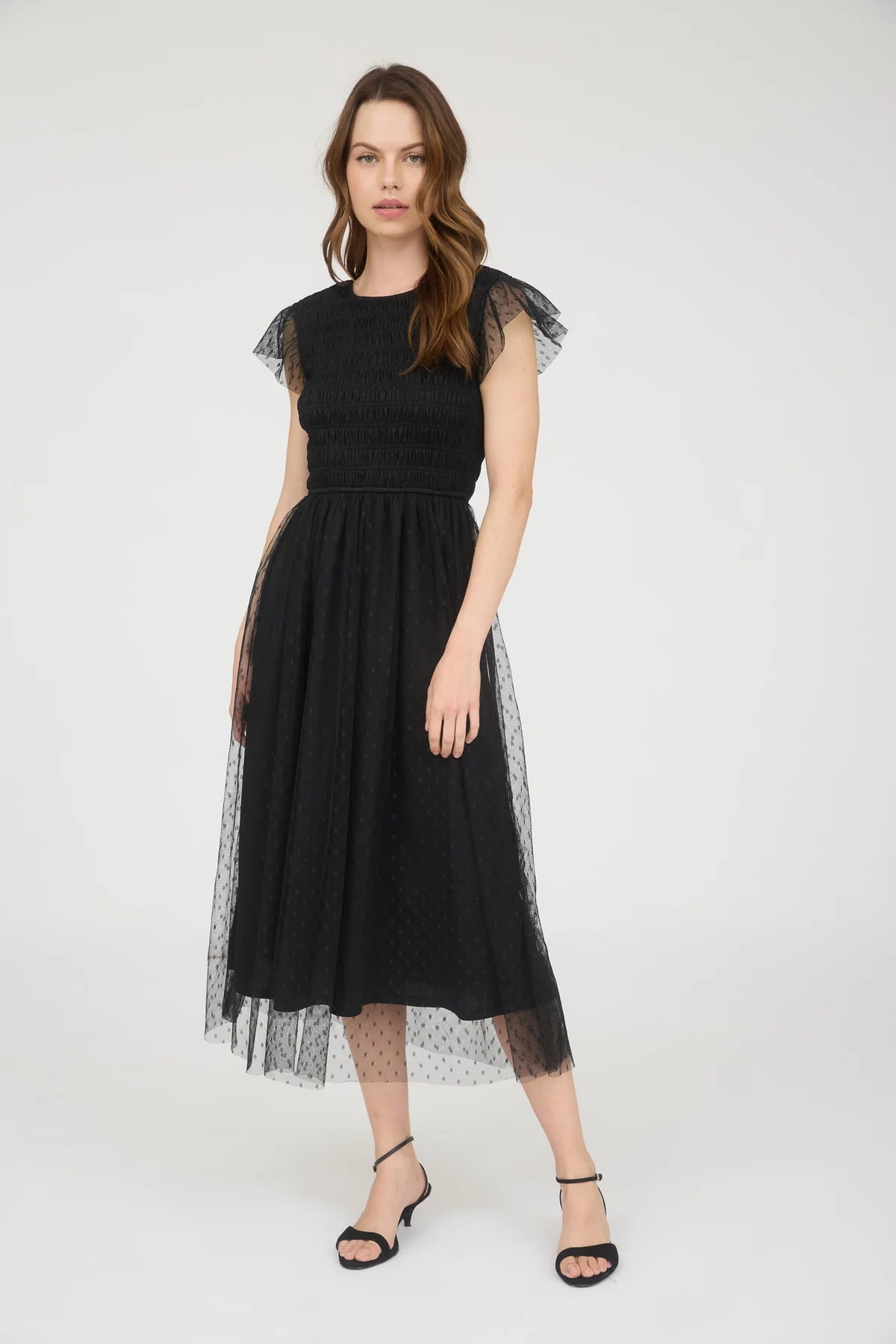 Black Polka Dot Chiffon Midi Dress
