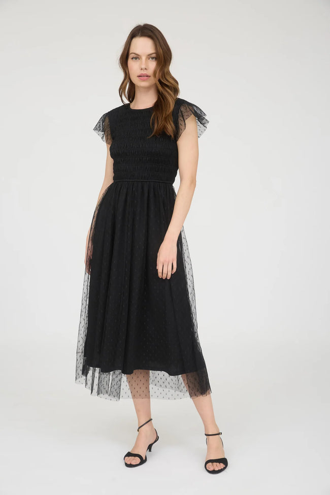 Black Polka Dot Chiffon Midi Dress