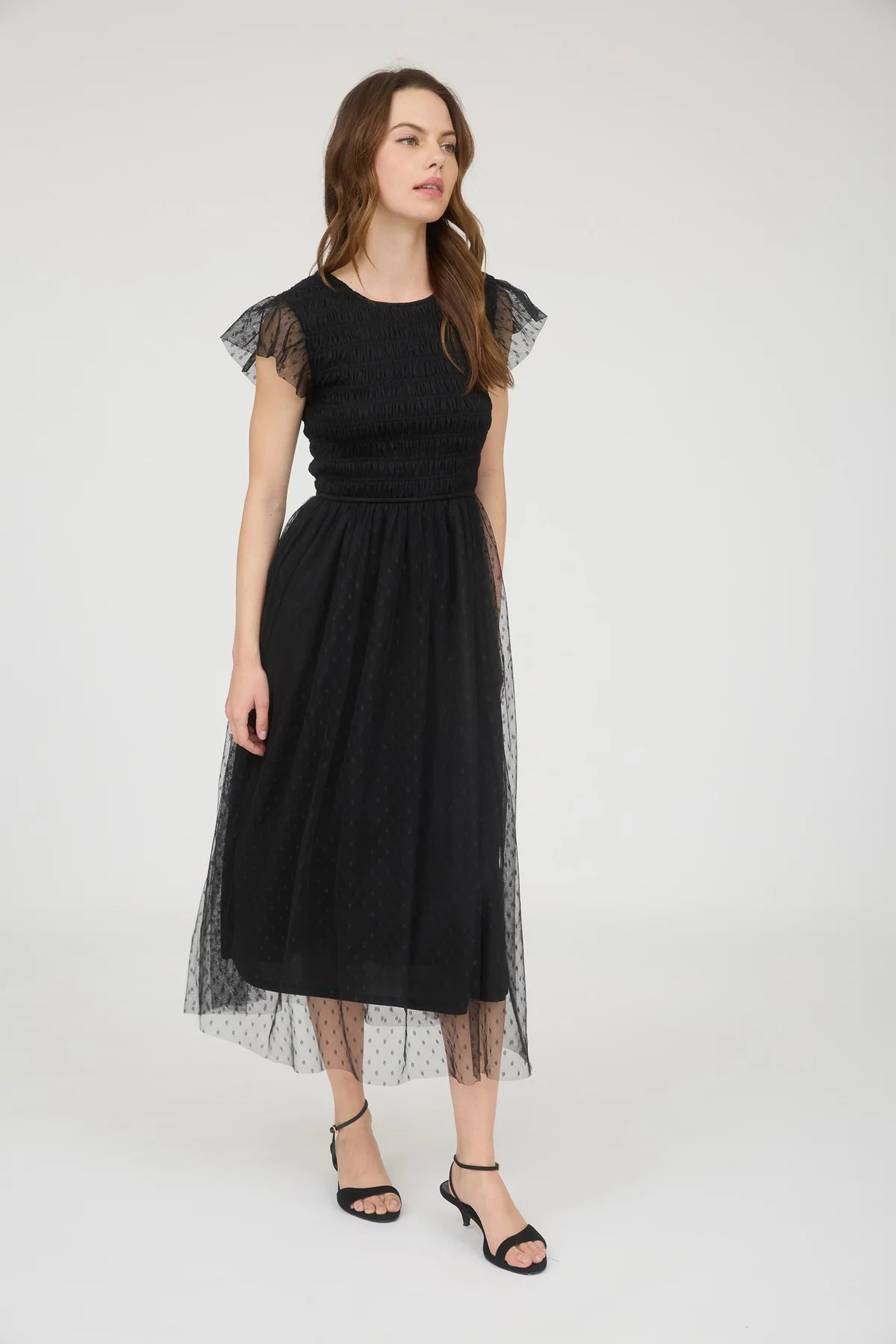 Black Polka Dot Chiffon Midi Dress