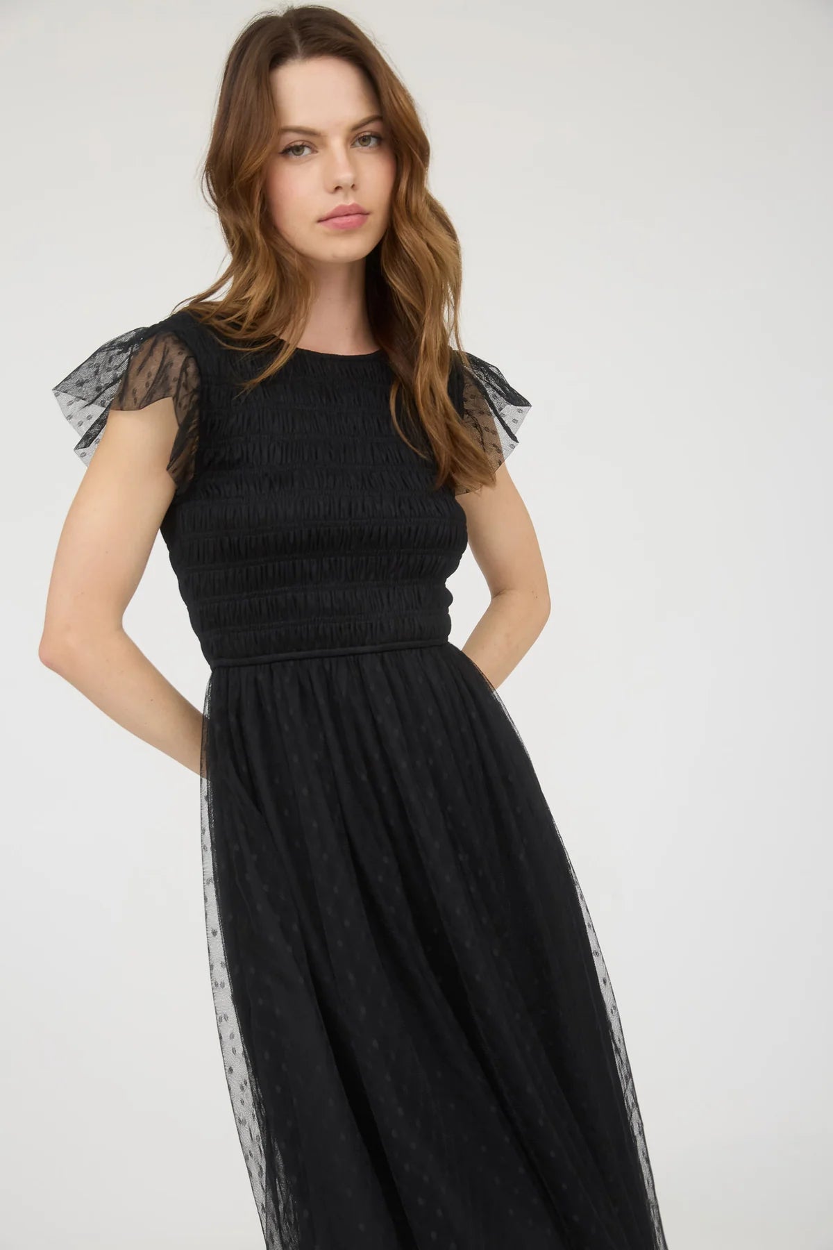 Black Polka Dot Chiffon Midi Dress