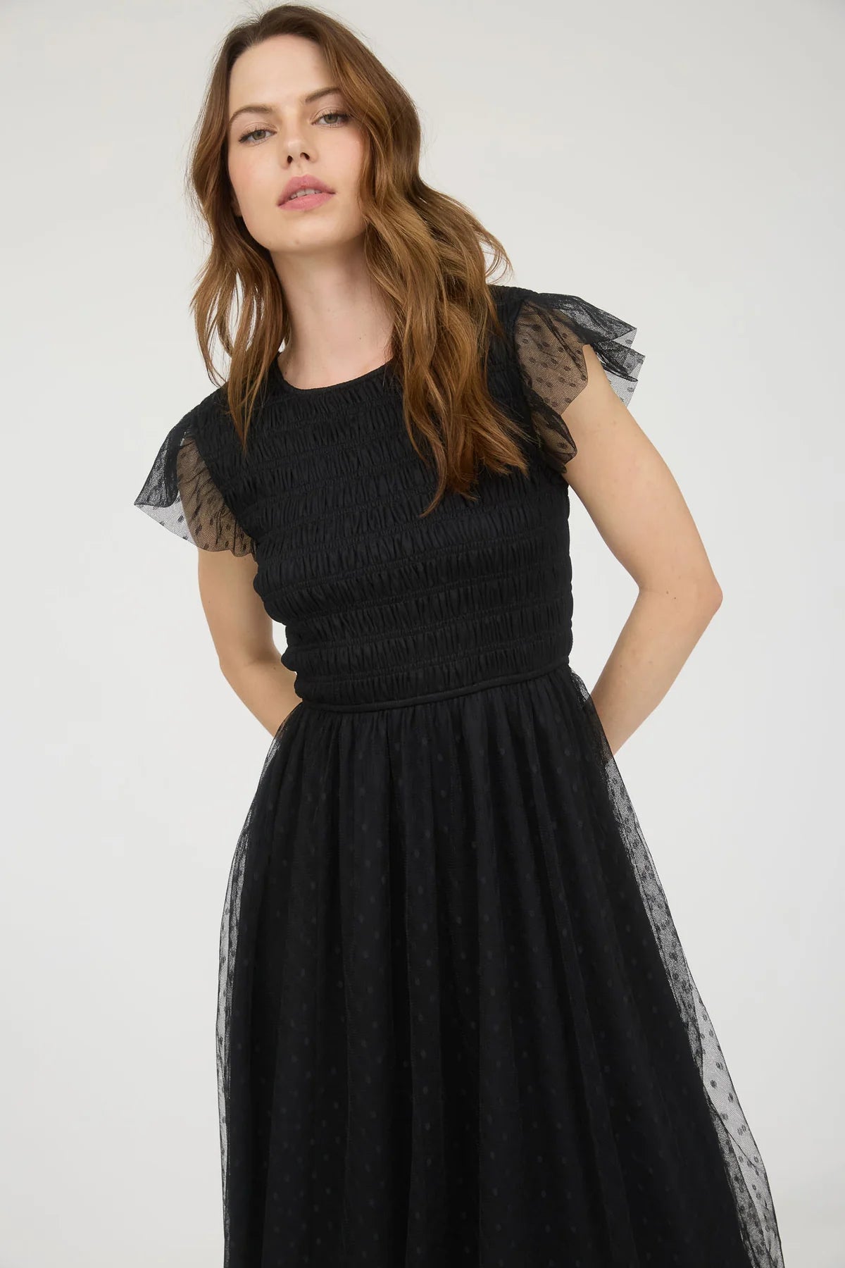 Black Polka Dot Chiffon Midi Dress