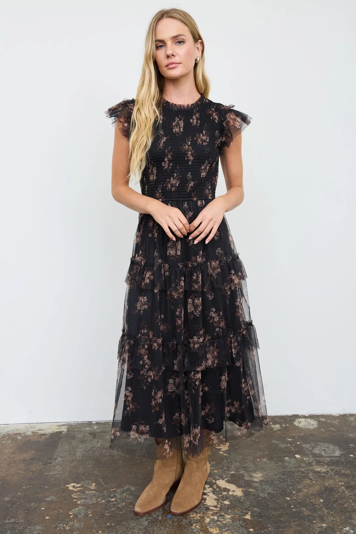 Black Floral Tulle Midi Dress